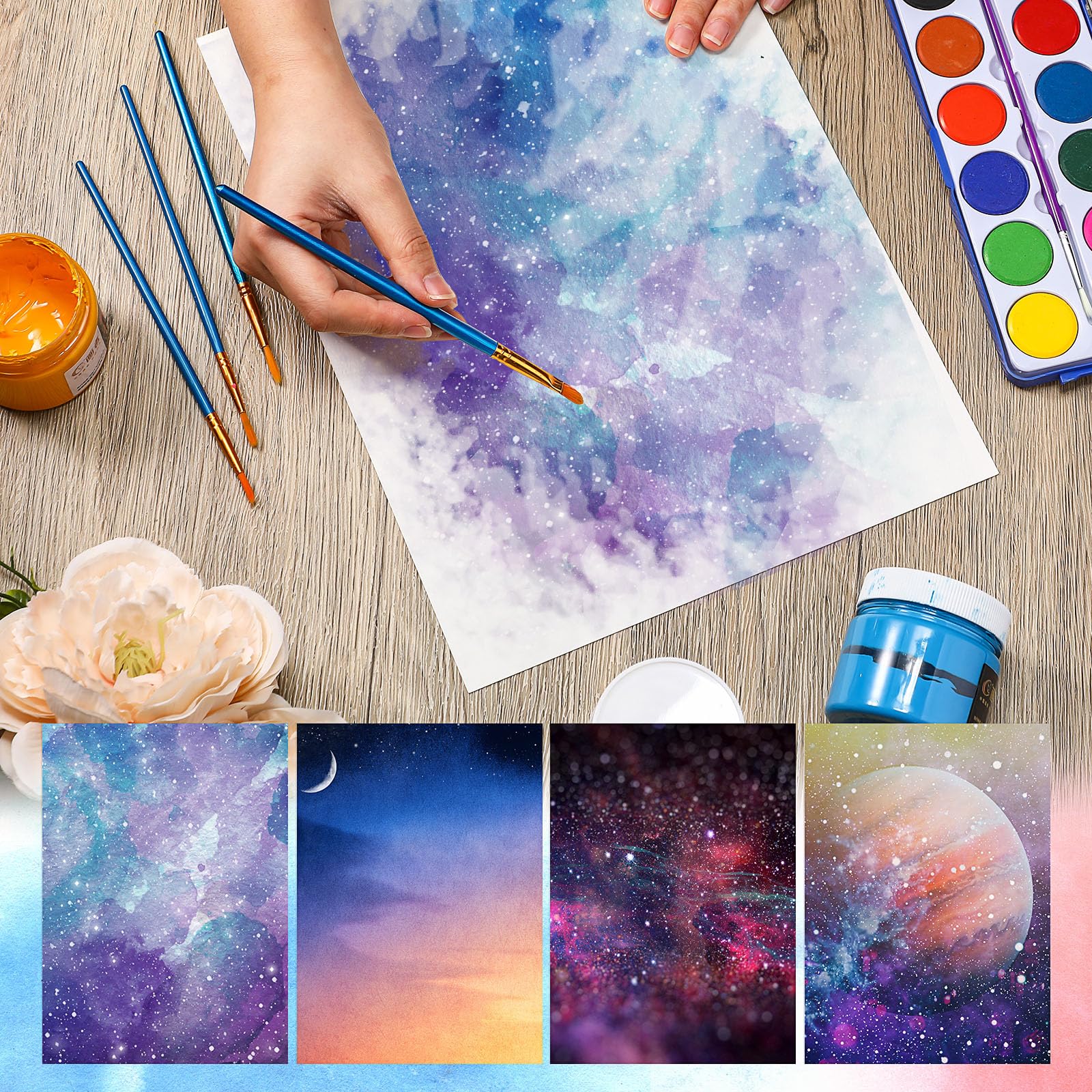 MotiMind Aquarellpapier, Baumwolle, 300 g, 12,7 x 17,8 cm, 15,2 x 22,9 cm, 22,9 x 30,5 cm, 6 Stück, Abdeckband für Papier, 1,5 cm breit, 120 m lang, insgesamt für Künstler, Malliebhaber, Kunstbedarf