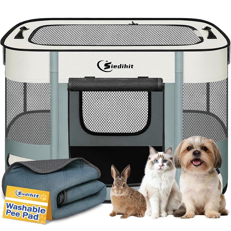Cercado portátil para cães e gatos com tela reforçada e tecido Oxford Siedihit, Cinza com almofada 71,12 x 43,18 x 55,88 cm