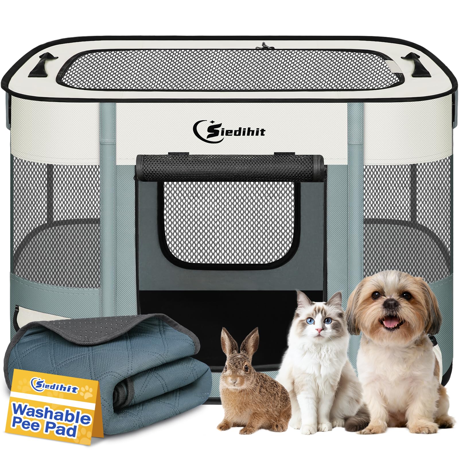 Laufgitter für Hunde, Katze, Haustier, Welpen, tragbar, Laufgitter für Hunde, drinnen und draußen, Reisen, Camping, faltbar, für Kaninchen, Kleintiere mit Tragetasche (Grau mit Pad, klein)