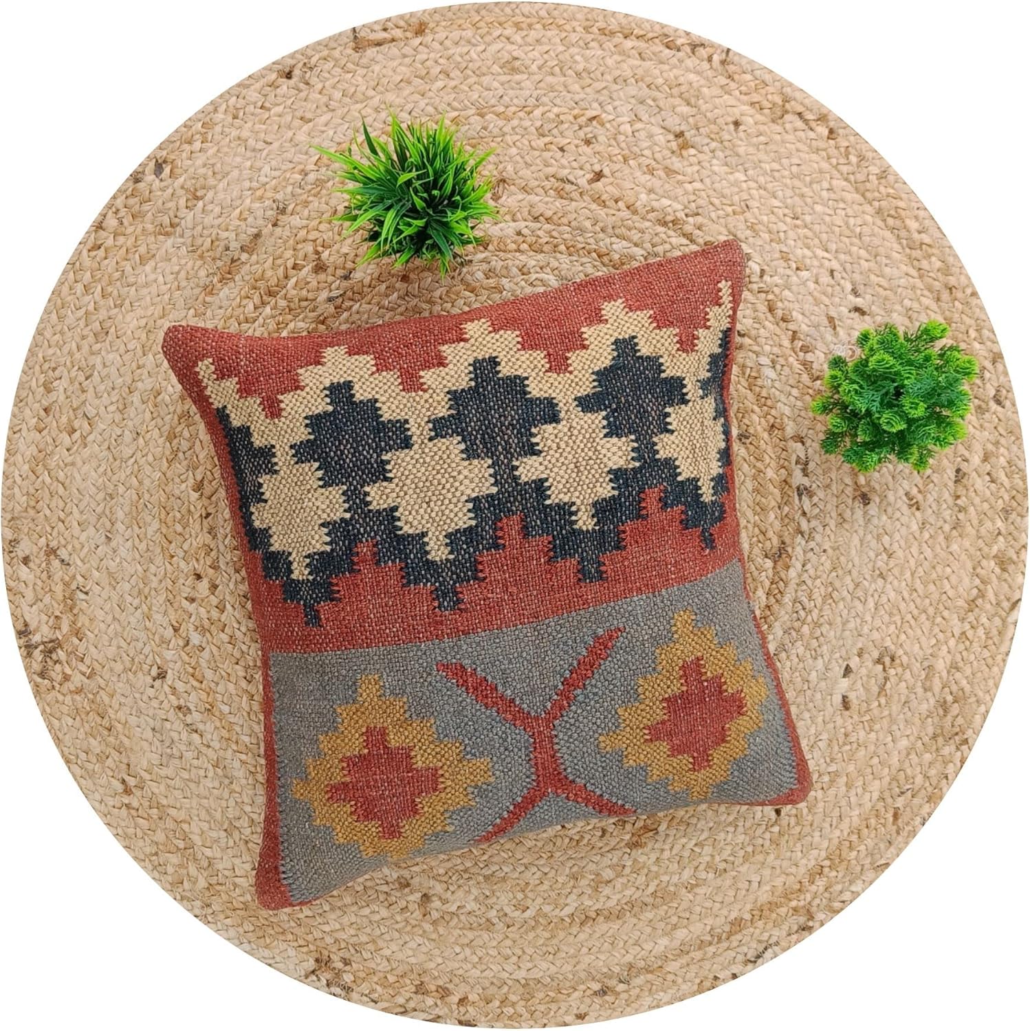 Trade Star Handwoven Square Kilim Pillow Cover Authentic Wool Jute Throw Pillow Case Decorative Outdoor Cushion Cover Rustic Boho Pillow Cover for Home Decor