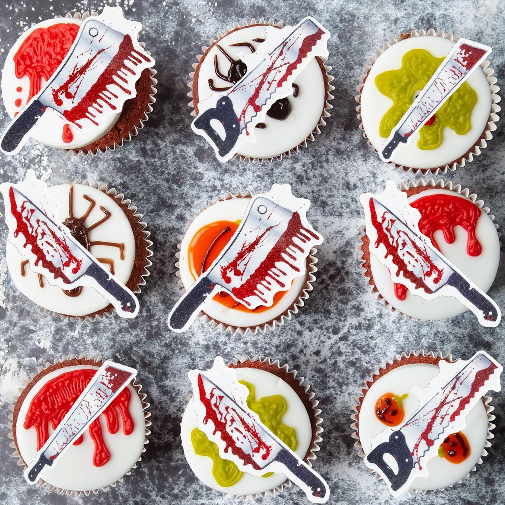 Gyufise 56Pcs Edible Horror Bloody Knife Cupcake Toppers Killer Birthday Cake Decorations Halloween Bleeding Knives Cupcake Picks for Horror Bloody Birthday Party Supplies Silver