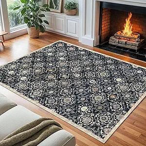 KILOCOCO 8x10 Area Rug, Moroccan Super Soft Washable Living Room Vintage Floral Rug, Non-Slip Large Print Faux Wool Throw Indoor Rug for Playroom Bedroom Office Carpet, Black/Navy Blue/Multi