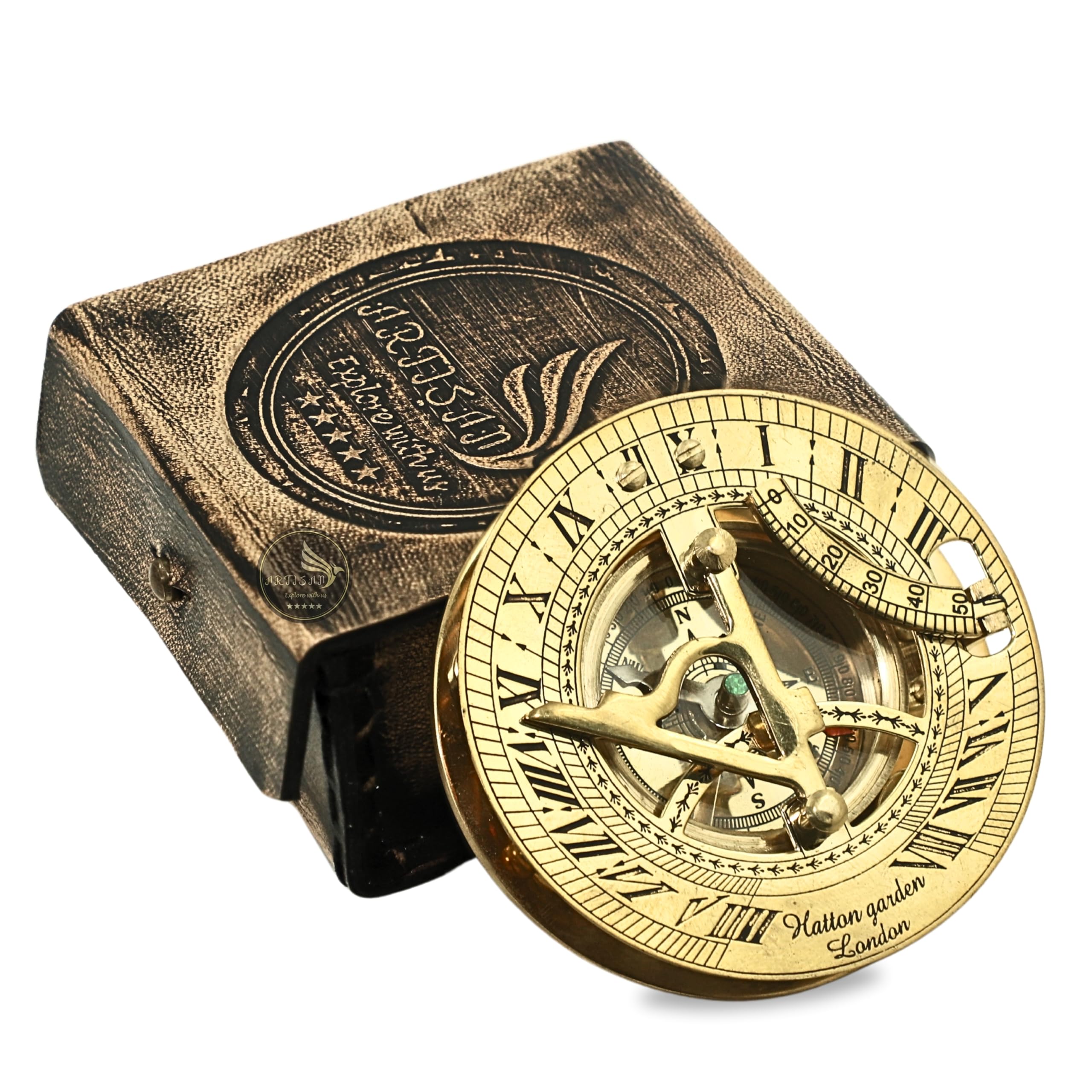 Nautical Solid Brass Round Sundial Compass with Design Leather Box, Brass Rustic Vintage Home Decor Gifts
