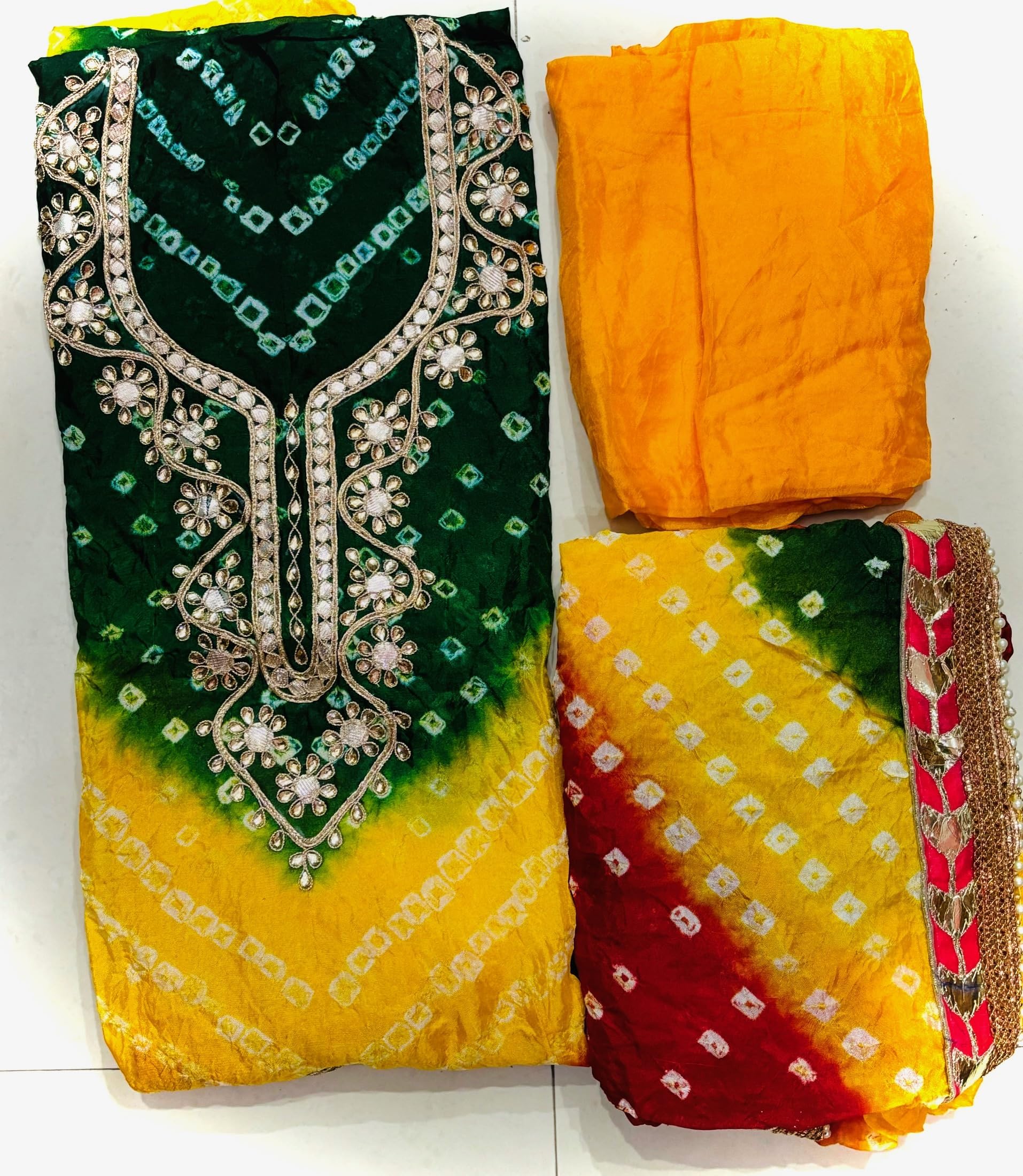 PK HUB Women's Art Silk Bandhani Dress Material – Unstitched Salwar Suit with Gota Patti Work – Traditional Ethnic Wear for Women & Girls, Traditional Fabric (Red-Yellow-Green) 1
