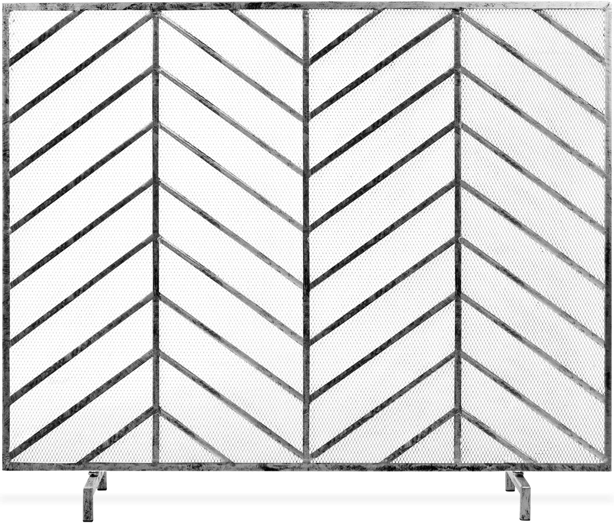 38x31in Single Panel Handcrafted Wrought Iron Mesh Chevron Fireplace Screen, Fire Spark Guard for Living Room, Bedroom Décor w/Distressed Antique Finish - Pewter