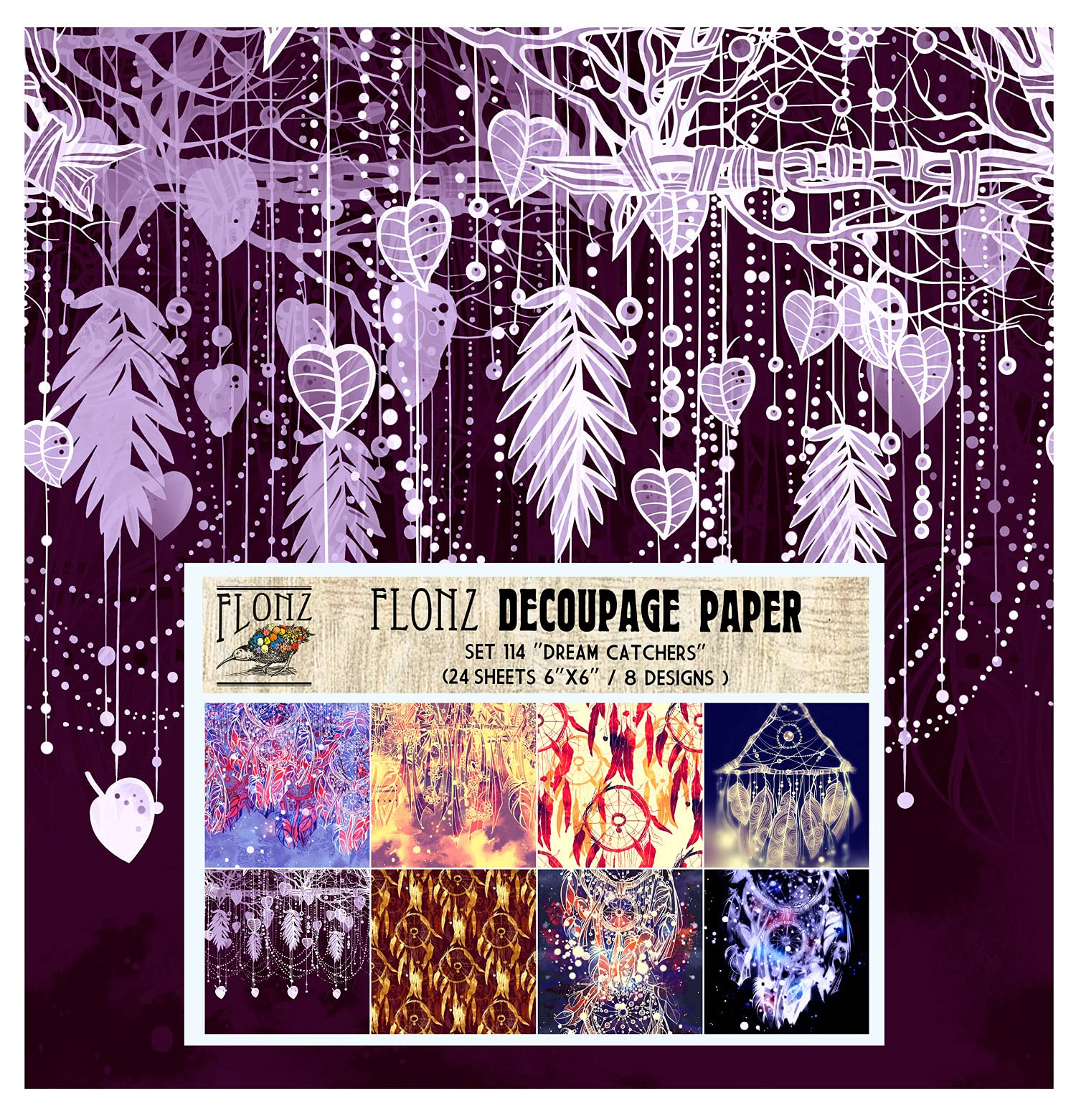 Flonz Decoupage Paper Pack (24 Sheets 6"x6") Dream Catchers and Boho Vintage Styled Seamless Pattern Paper for Decoupage, Craft and Scrapbooking