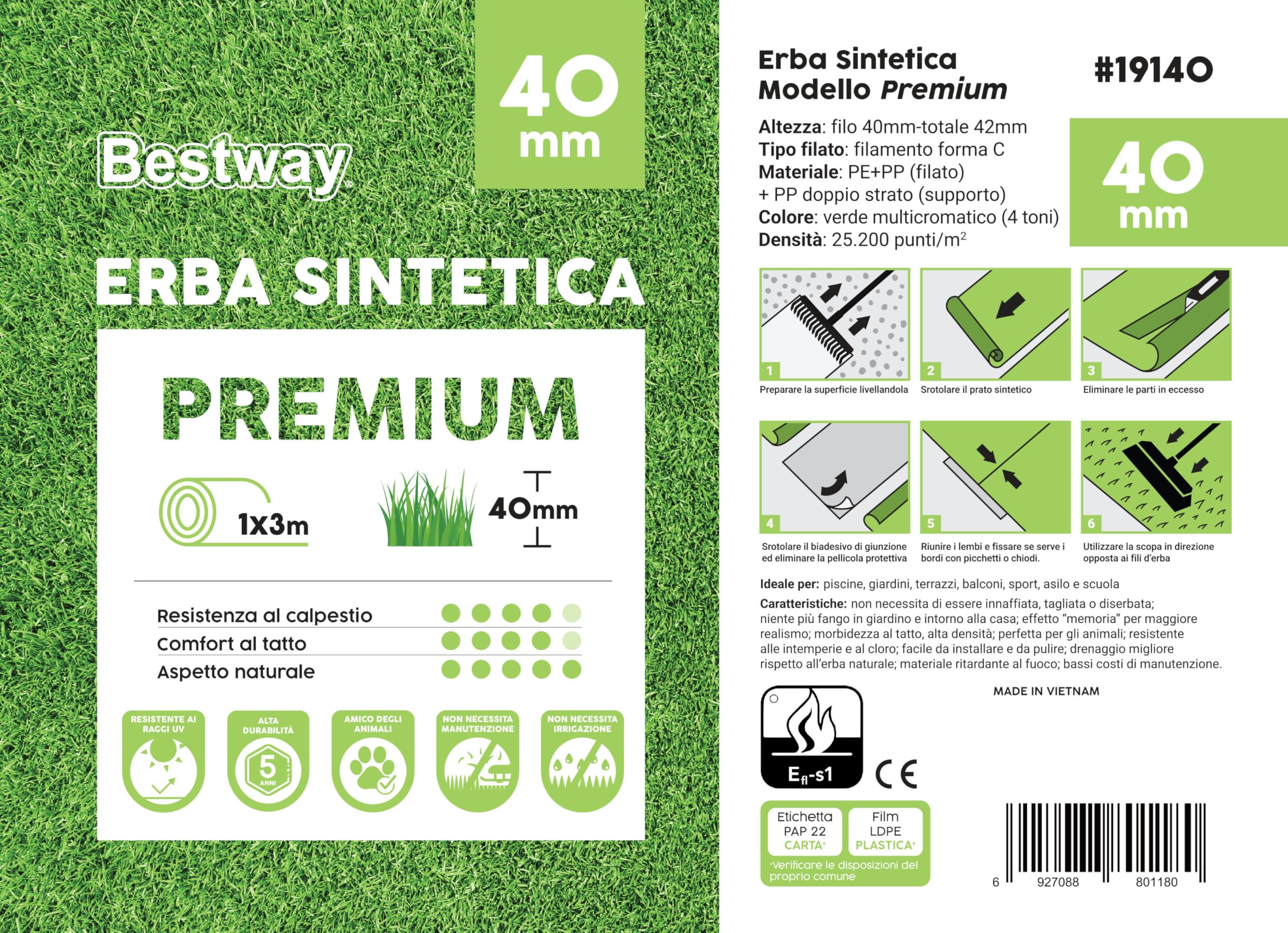 Erba sintetica Premium alta 40 mm, rotolo da 1x3 metri