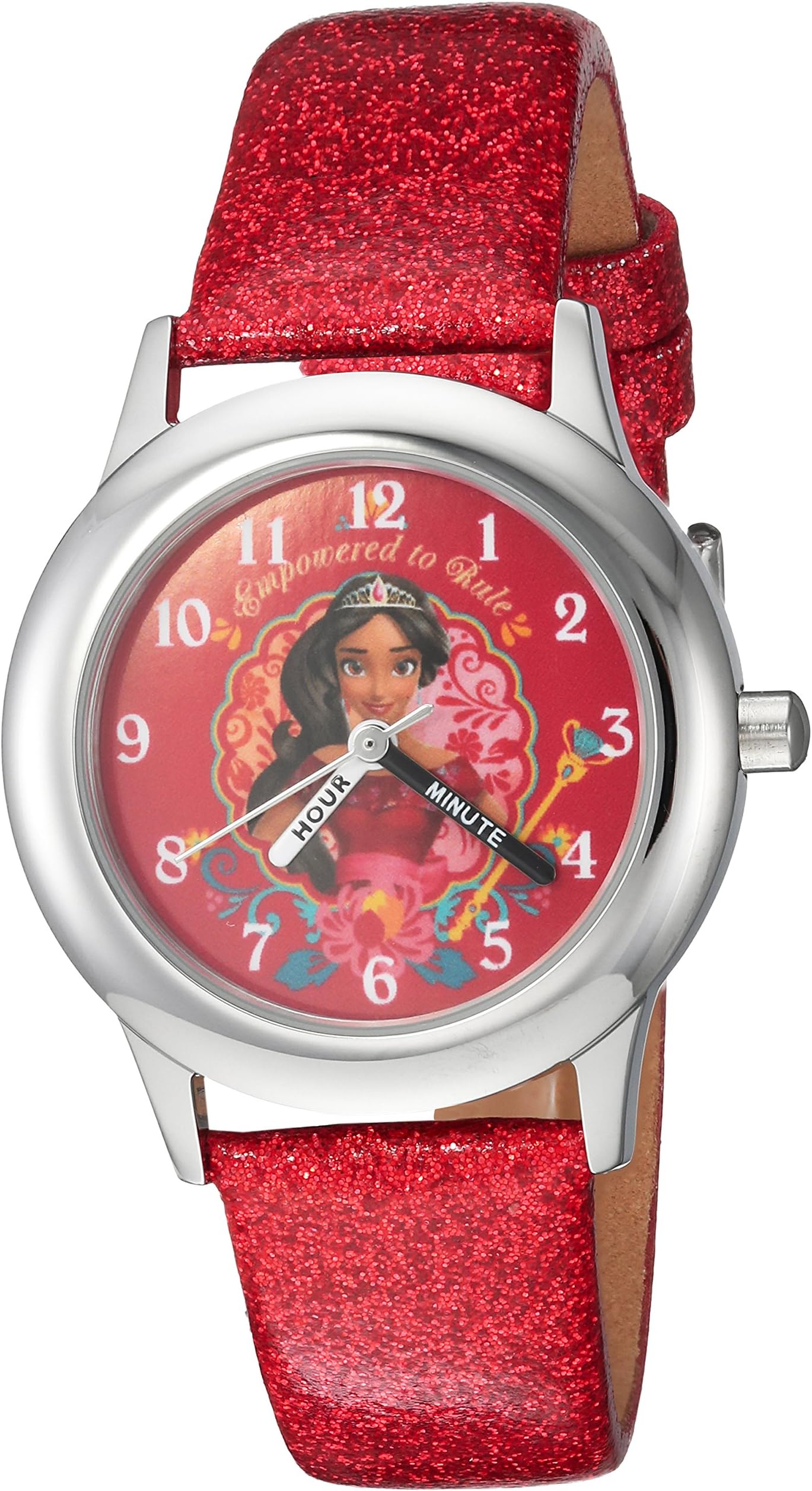 DISNEY Girls Elena of Avalor Stainless Steel Analog-Quartz Watch with Leather-Synthetic Strap, red, 16 (Model: WDS000282)
