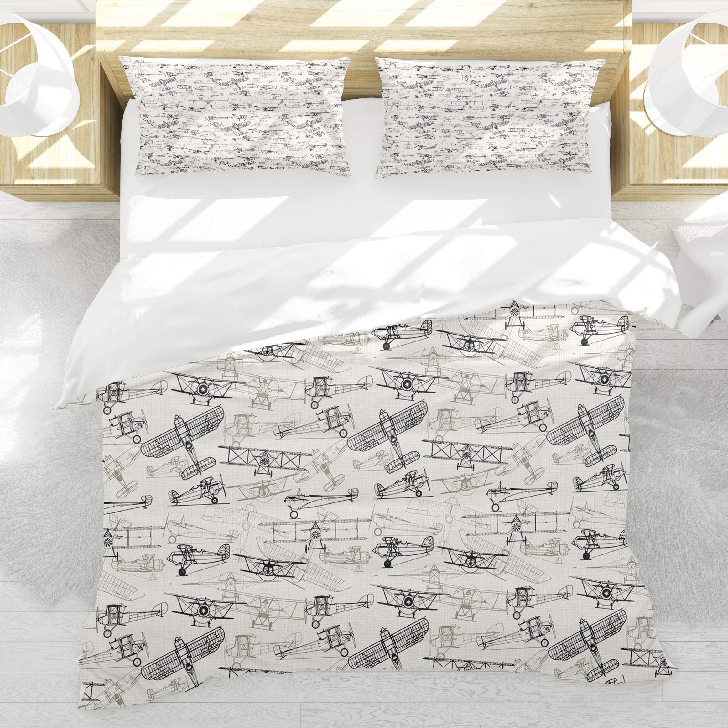 Housse de couette 140x200cm avion à l'ancienne style vintage avec 2 taies d'oreiller