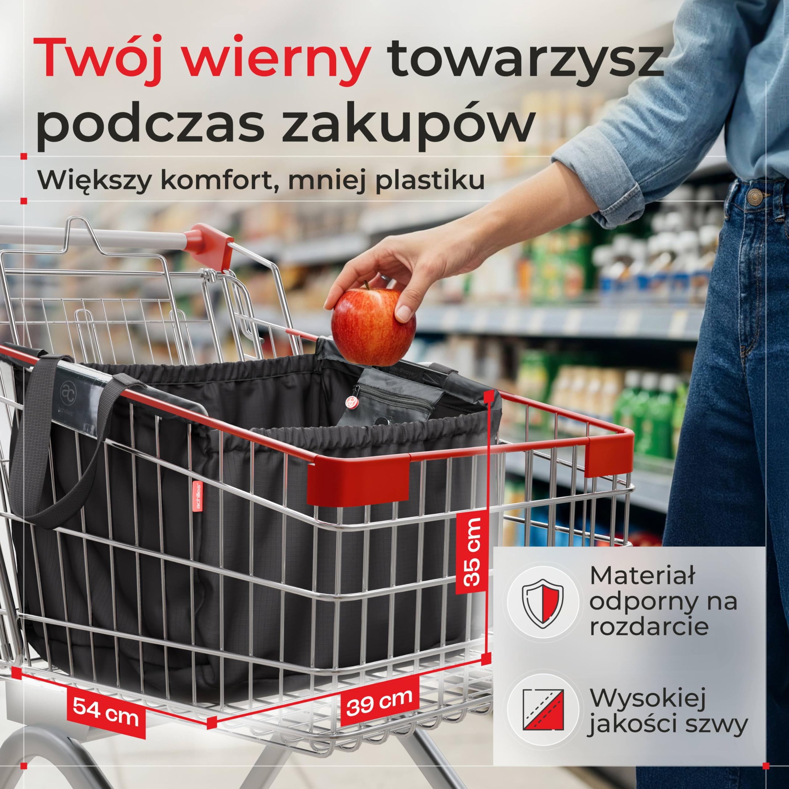 achilles Torba do wózka na zakupy, składana, do zawieszenia, torba na zakupy, 54 cm x 35 cm x 39 cm, czarny, 54x35x39cm