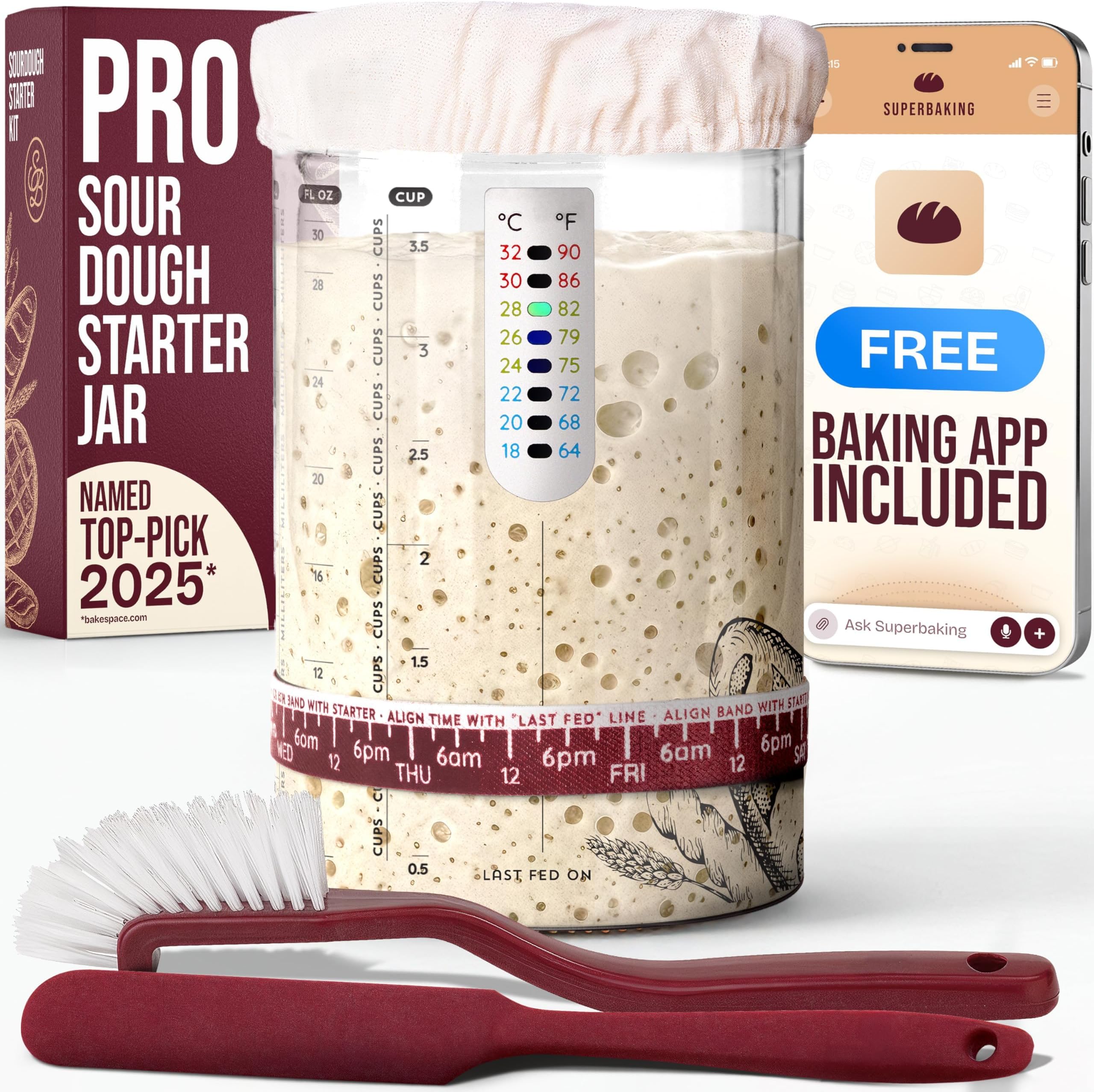 Complete Sourdough Starter Kit, Beginner Friendly 34oz Wide Mouth Sourdough Starter Jar, Easy to Clean Glass Jar with Mixing Spatula, Thermometer, Great Gift for Baking Sourdough Bread, Sour Dough Kit