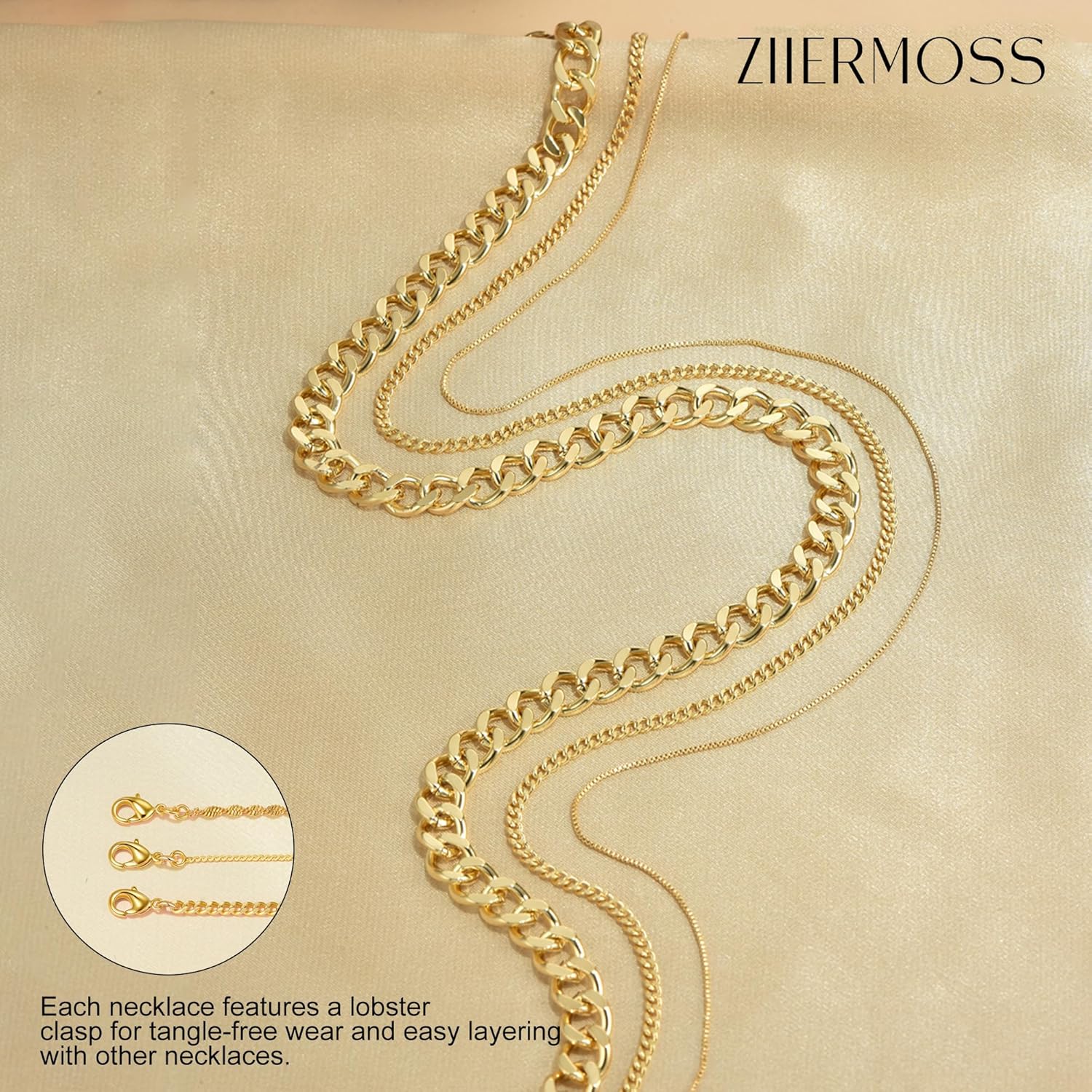 3PCS Gold Necklaces for Women,Chunky Statement Gold Plated Necklace Stack Layered Sterling Silver Herringbone Chains for Women Dainty Trendy Silver Chains Stacked Jewelry Gifts - Image 6