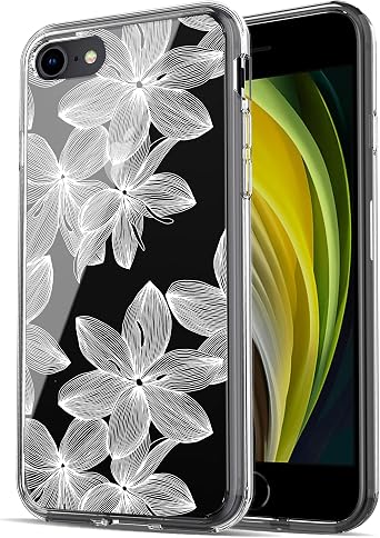 RANZ Compatible with iPhone SE 2022 Case, Anti-Scratch Shockproof Clear Protective Cover Case for iPhone SE 2022 / iPhone SE 2020 / iPhone 8 / iPhone 7 - White Flower