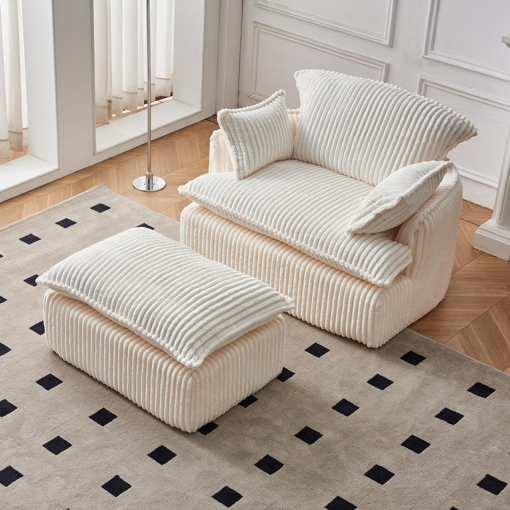 Sofá de tela con cordón, sofá de otomano, sofá convertible para salón pequeño y dormitorio estudiante, sin montaje, color blanco