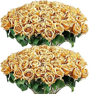 Auihiay 60PCS Gold Rose Artificial Flowers, Faux Silk Roses, Realistic Roses Bouquet for Anniversary, Baby Shower, Birthday, Graduation, Table Centerpieces, Cake Flower, Valentine's Day Decorations