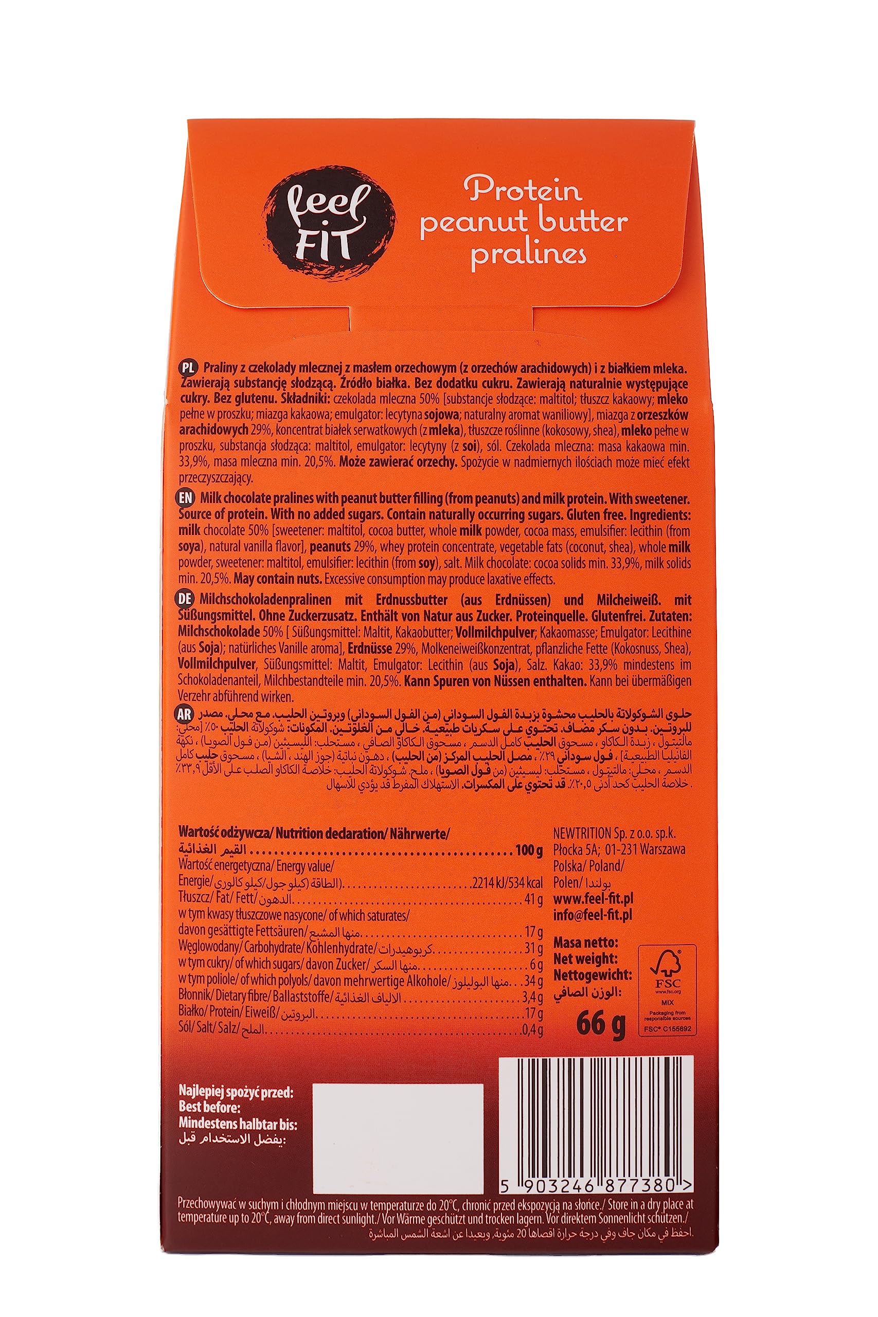 Feel FIT Protein Erdnussbutter-Pralinen in hochwertiger Milchschokolade, ohne Zuckerzusatz, 17% Eiweiß, glutenfrei, 14-er Pack (14 x 66 g)