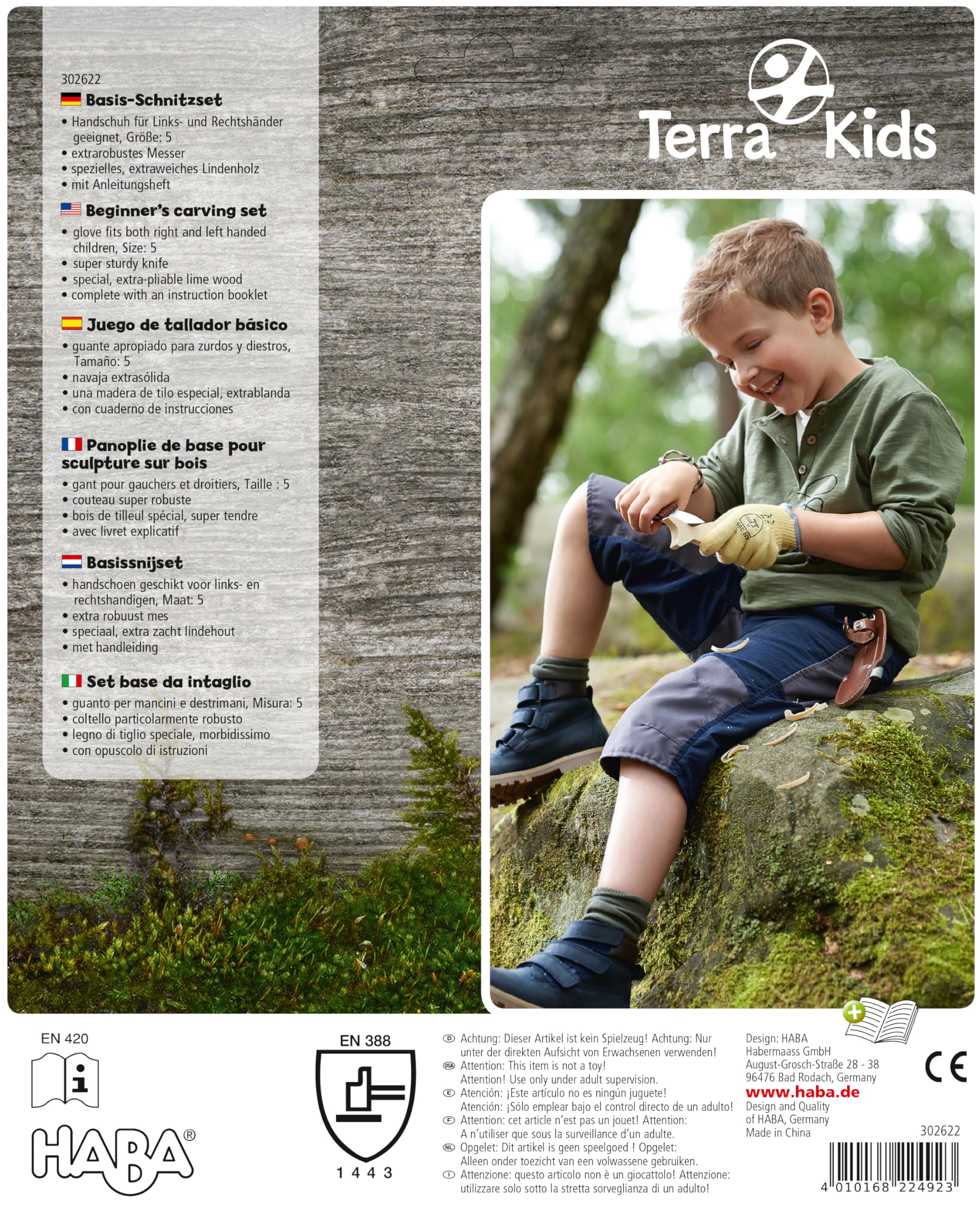 HABA Terra Kids Schnitzmesser – Taschenmesser-Set für Kinder ab 6 Jahren – inkl. Handschuhen, Schnitzrohling & Messer-Etui – 1302622001