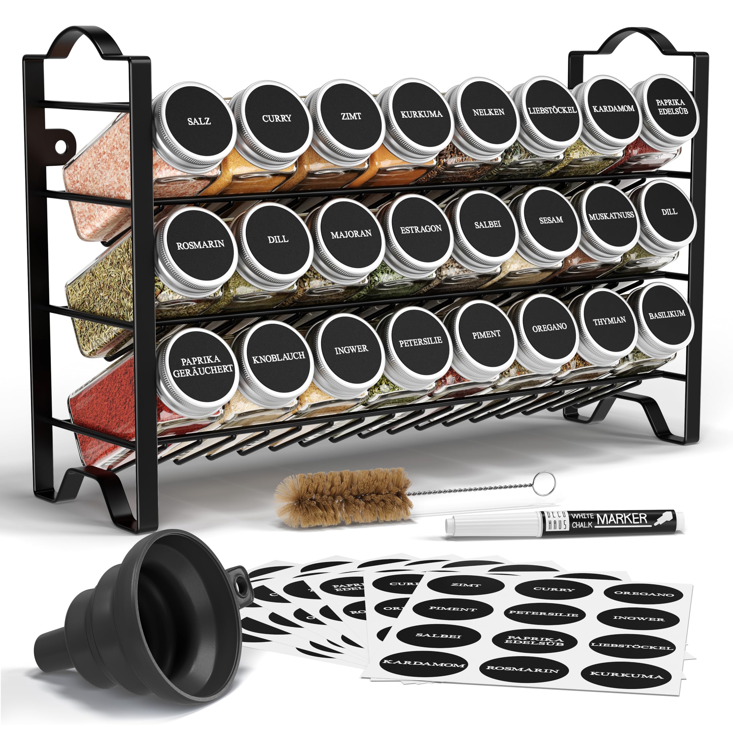 Deco haus® Porta Spezie per Cucina - Portaspezie con 24 Barattoli Spezie, Portaspezie Salvaspazio, Set Cucina 24 Vasetti di Spezie, 48 Etichette Spazzola Imbuto Ganci - Design Indipendente o da Parete