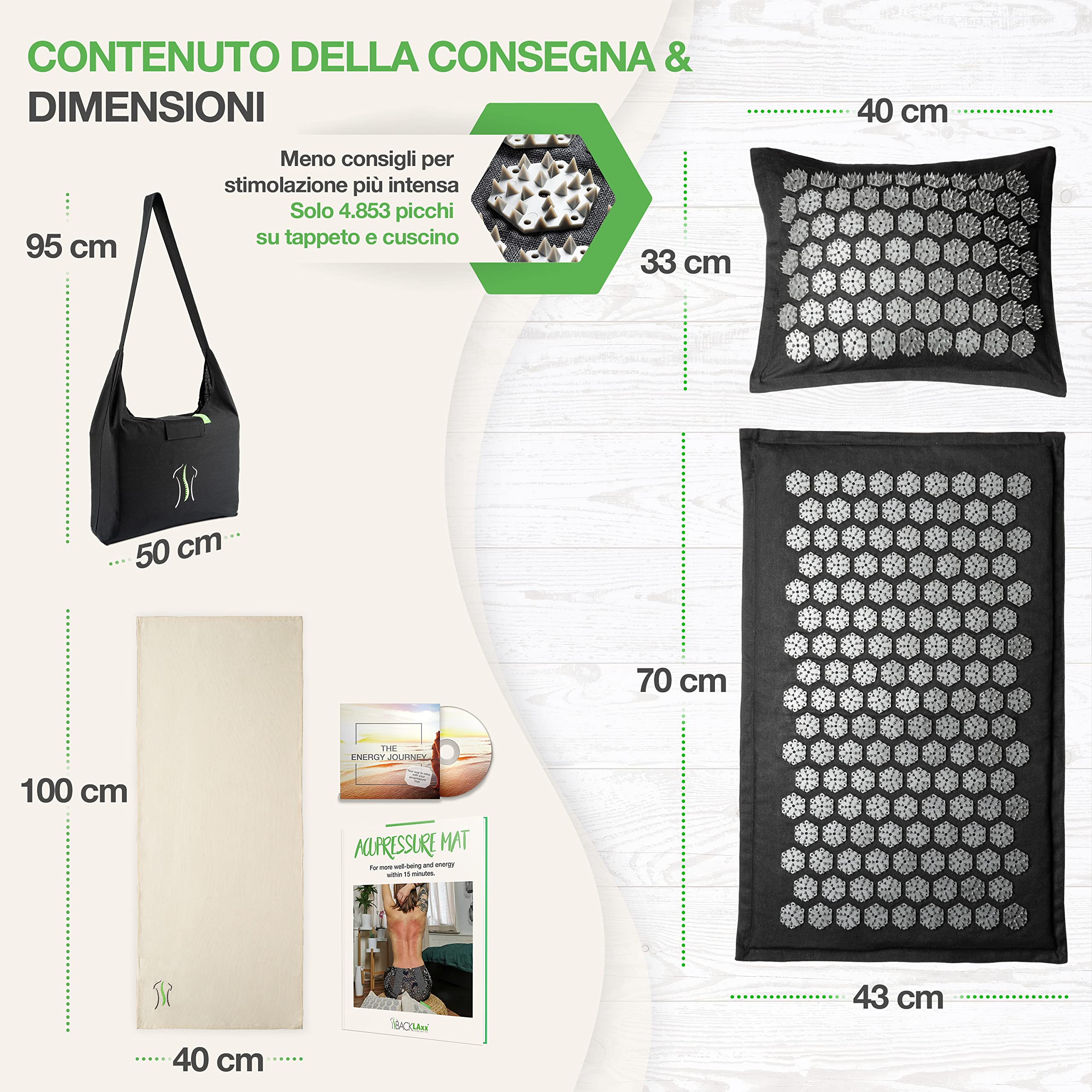 BACKLAXX® Tappetino Agopressione Intensiva con Cuscino, per Esperti | Stimolazione extra intensa: tappetino massaggiante con cuscino, panno & borsa, tappeto a punte per utenti esperti