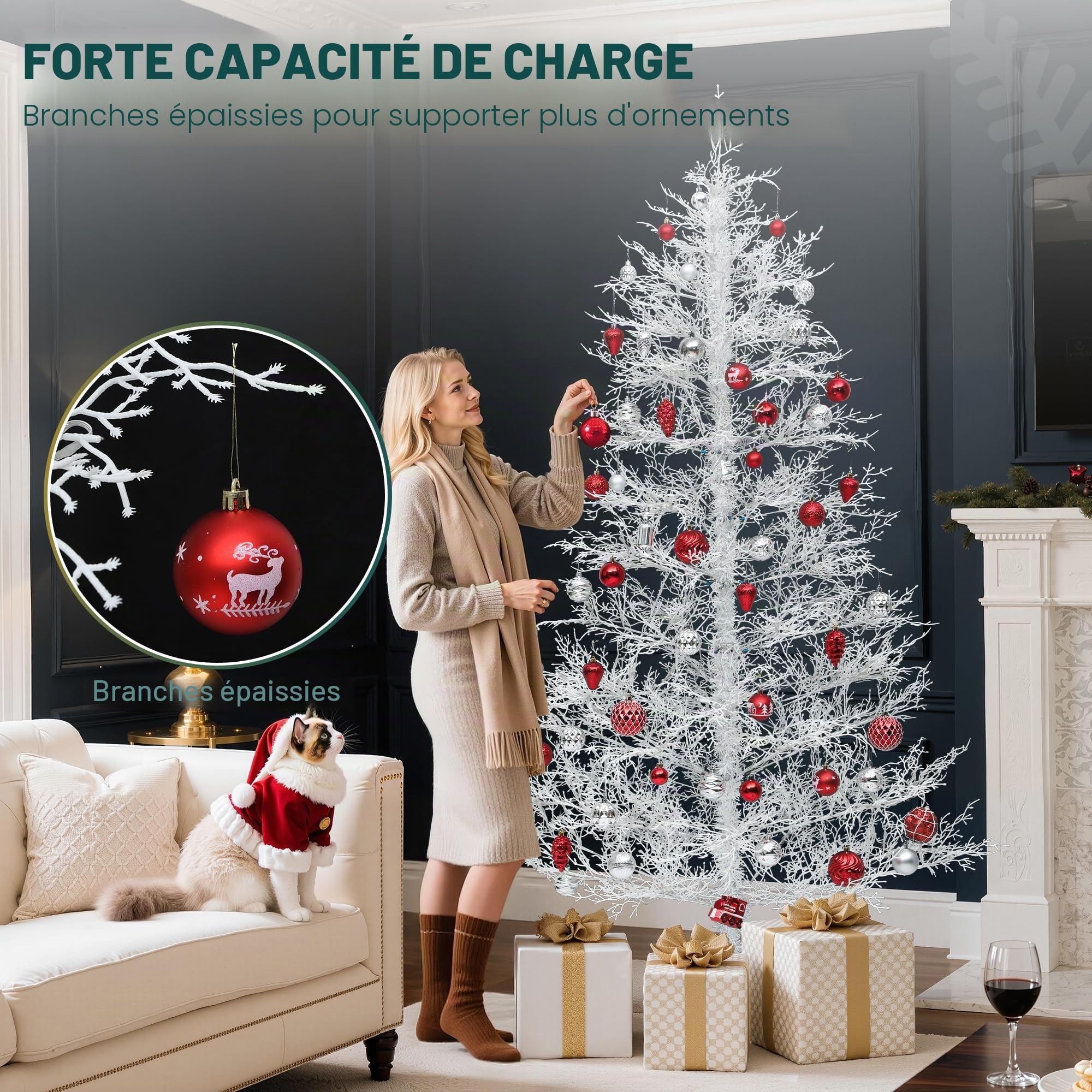YITAHOME Sapin de Noël Artificiel Blanc de 1,8 m avec télécommande, Technologie de charnière, 300 lumières interchangeables Blanc Chaud et Multicolore, 550 Pointes en polyéthylène pour Noël
