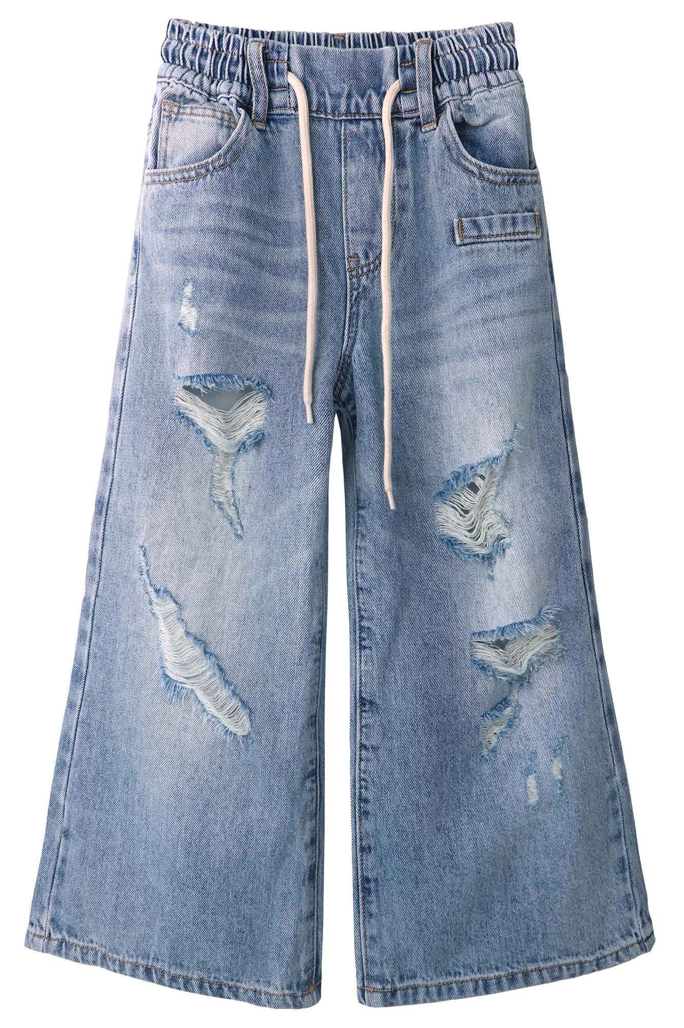 KIDSCOOL SPACE Pantaloni in denim strappato per ragazze, 5-14T gamba larga elastico in vita con jeans svasati con stringa