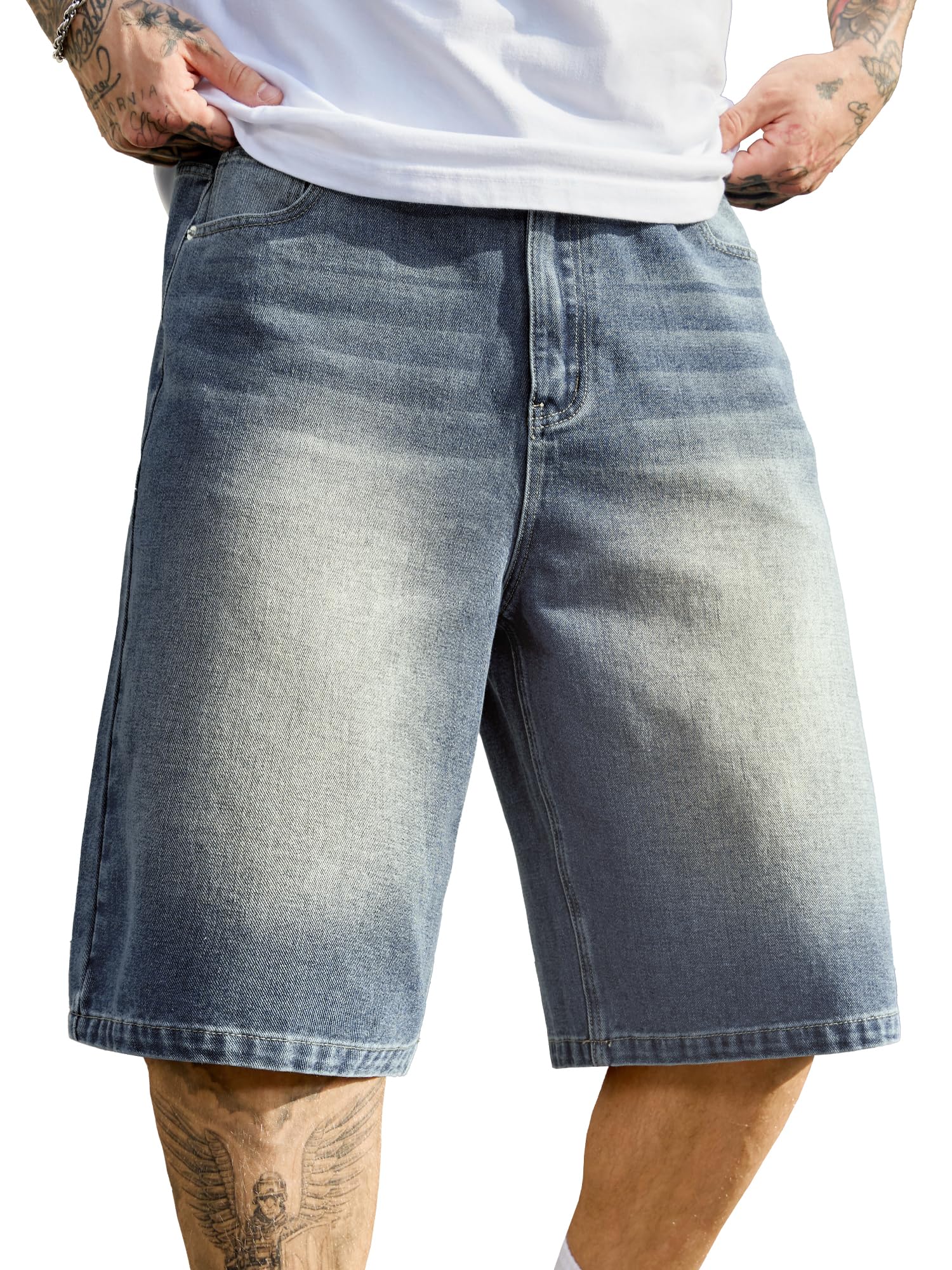 PLEPAN Mens Super Baggy Jean Shorts 12 Inch Vintage Loose Fit Wide Leg Long Jorts Y2K Streetwear Below Knee Denim Shorts