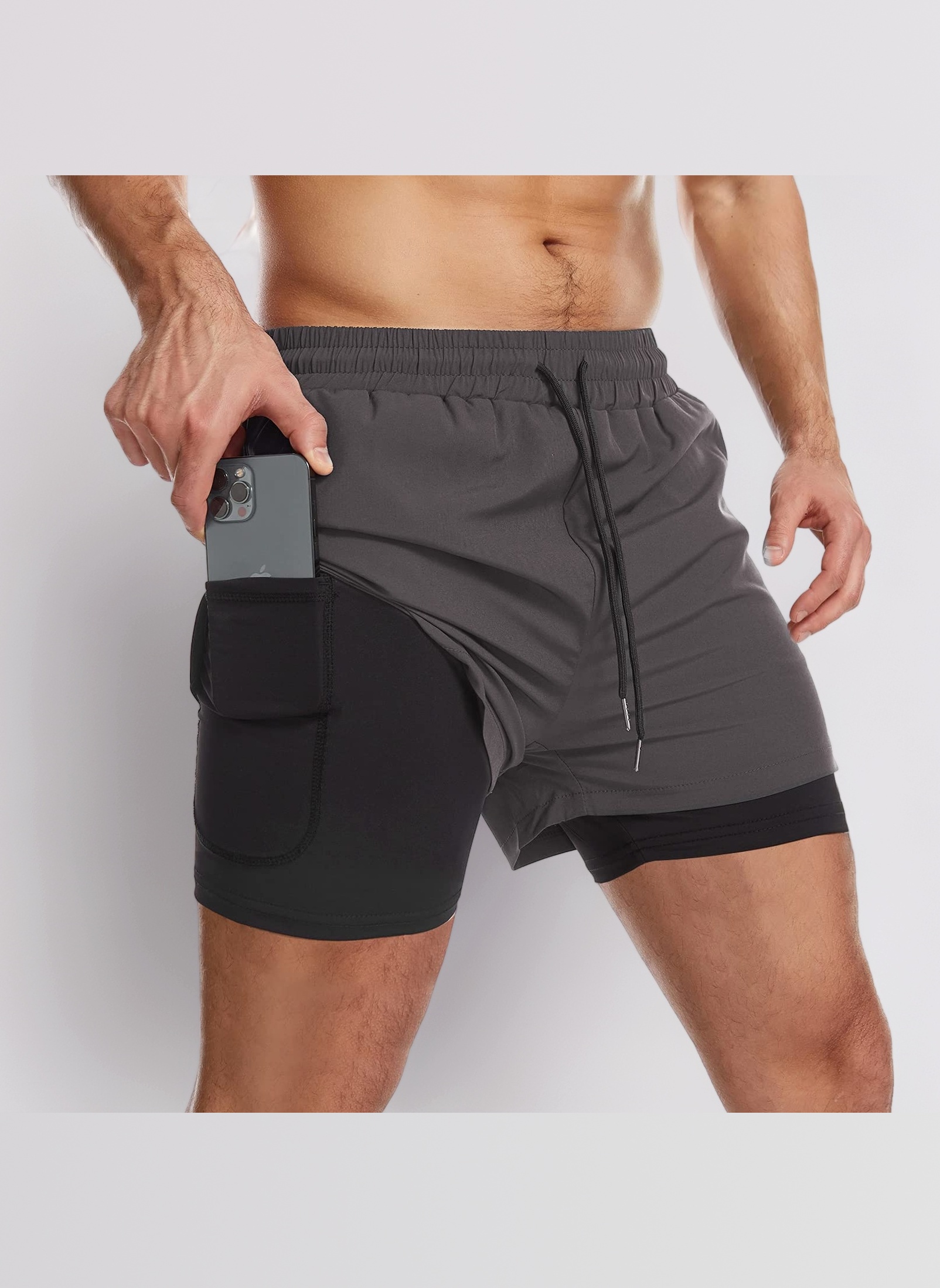 Men Running Shorts Men's Shorts Workout with Phone Pocket 2 in 1 Gym Training Shorts Lightweight Quick Drying