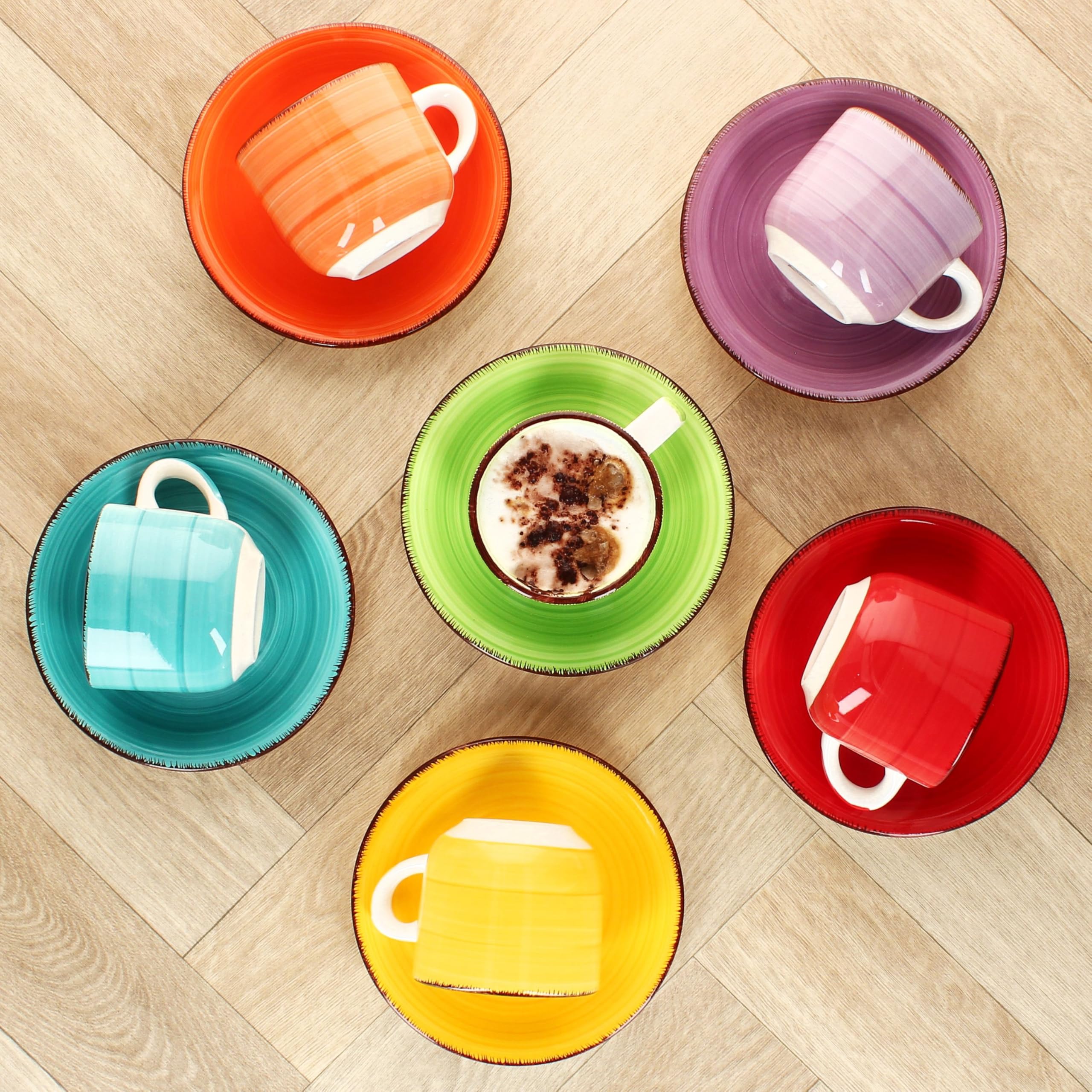 MamboCat Lot De 6 Tasses à Cappuccino Avec Soucoupes - 200ml - Tons De Bleu Tourbillon En Faïence