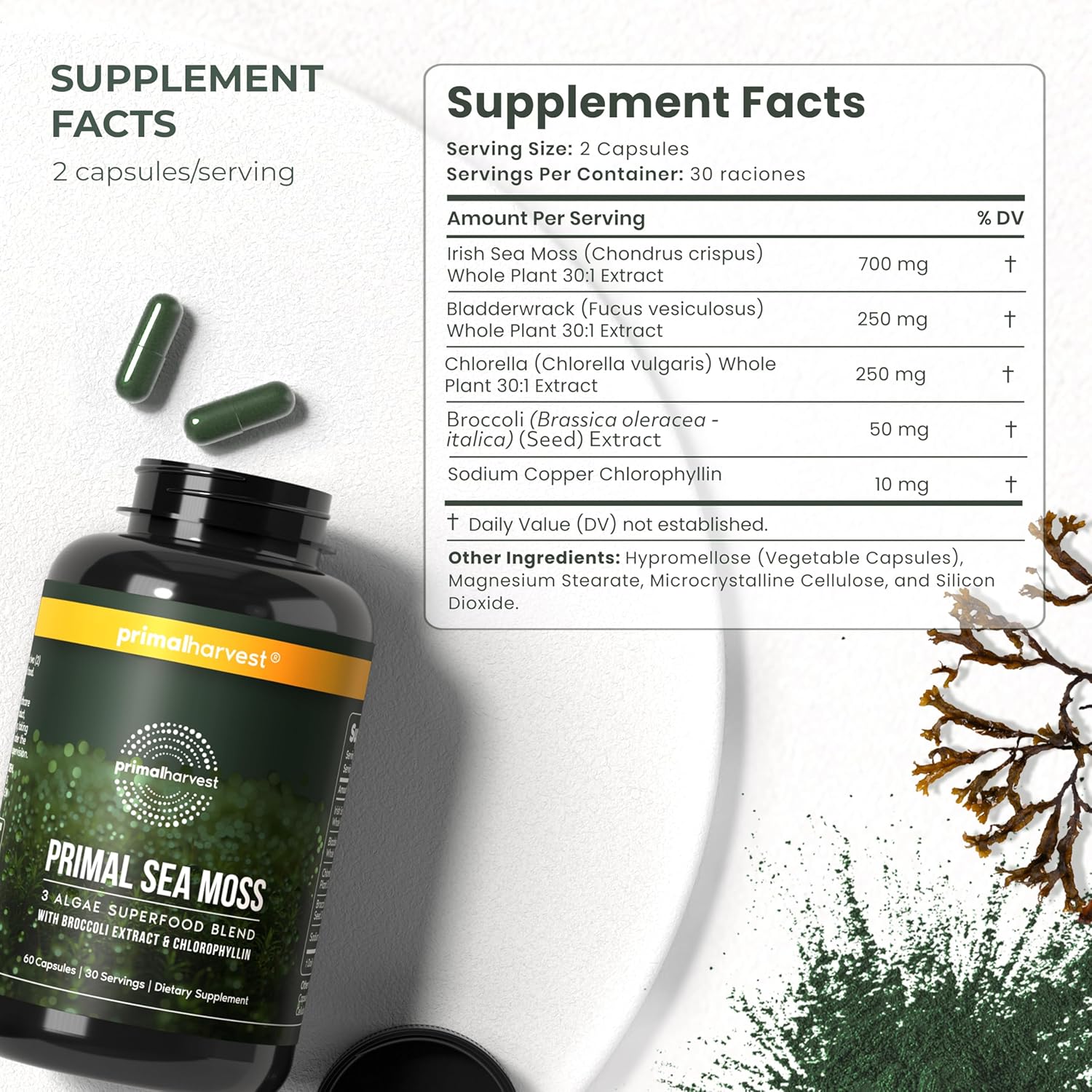 Primal Harvest Sea Moss Capsules with Bladderwack and Irish Sea Moss, Chlorella, Broccoli Seed Extract Plant-Based Supplements for Adults - Image 2