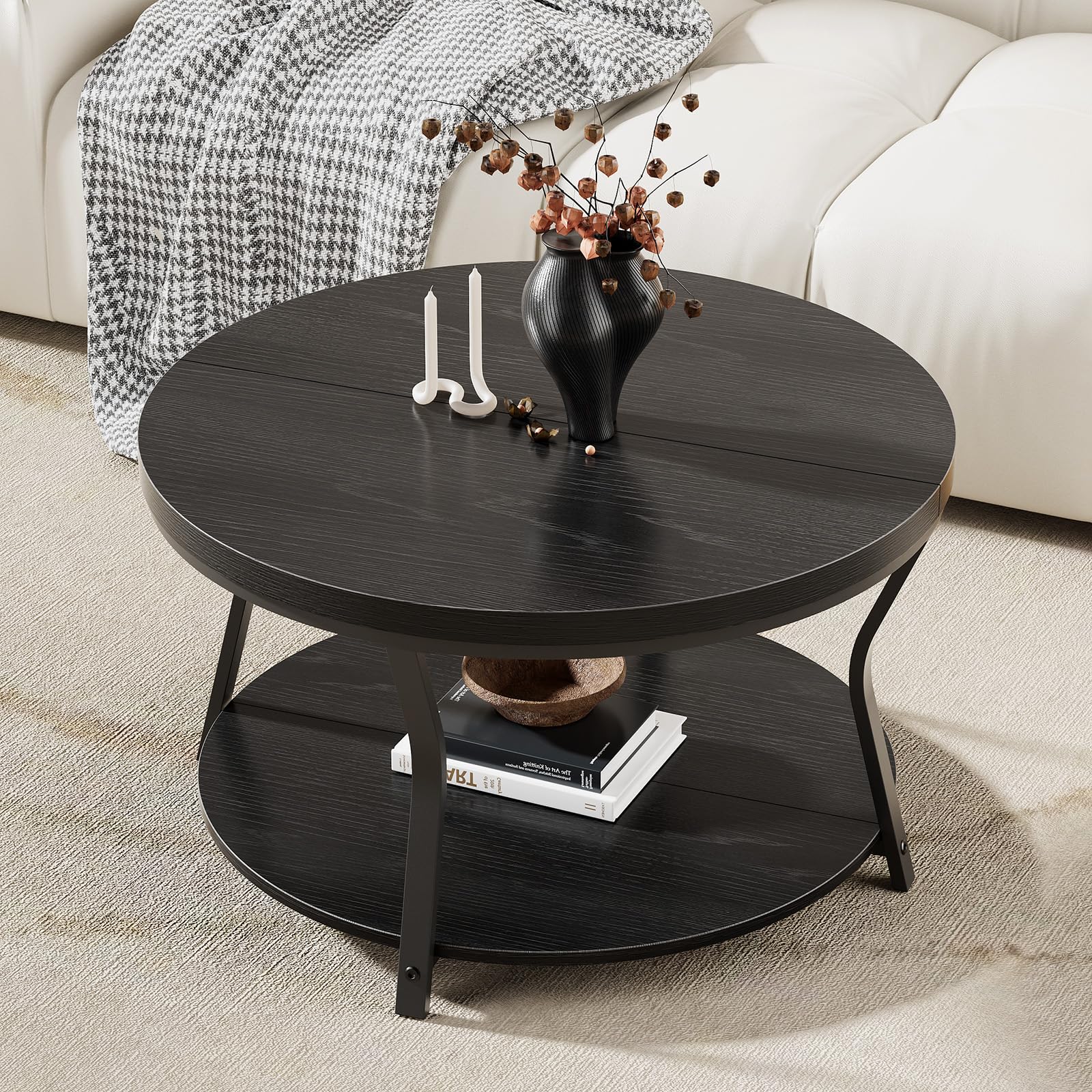 round coffee table, circle wood coffee tables for living room, 2 tier industrial modern center table with thickened tabletop and metal frame, 31.5 inch (black)
