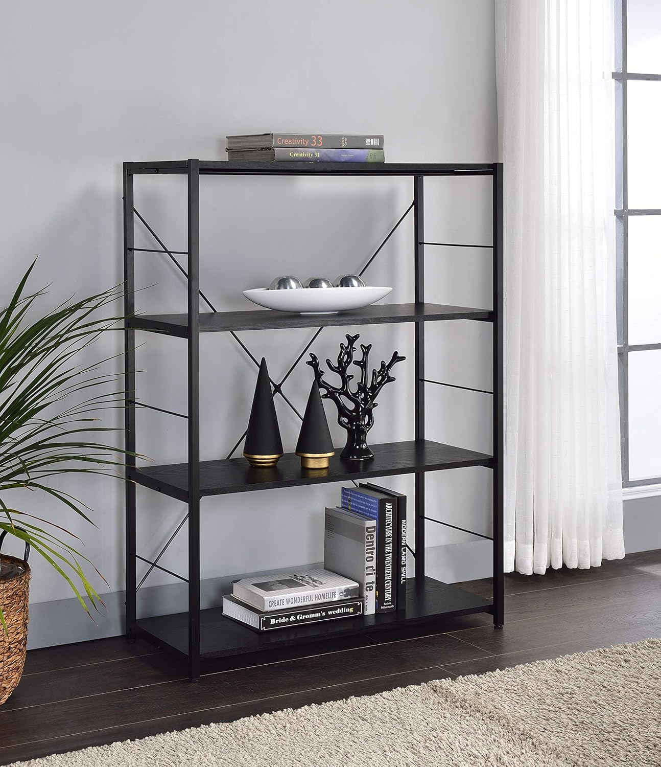 Acme Tesadea 4 Wooden Shelves Rectangular Bookshelf with Metal Frame in Black