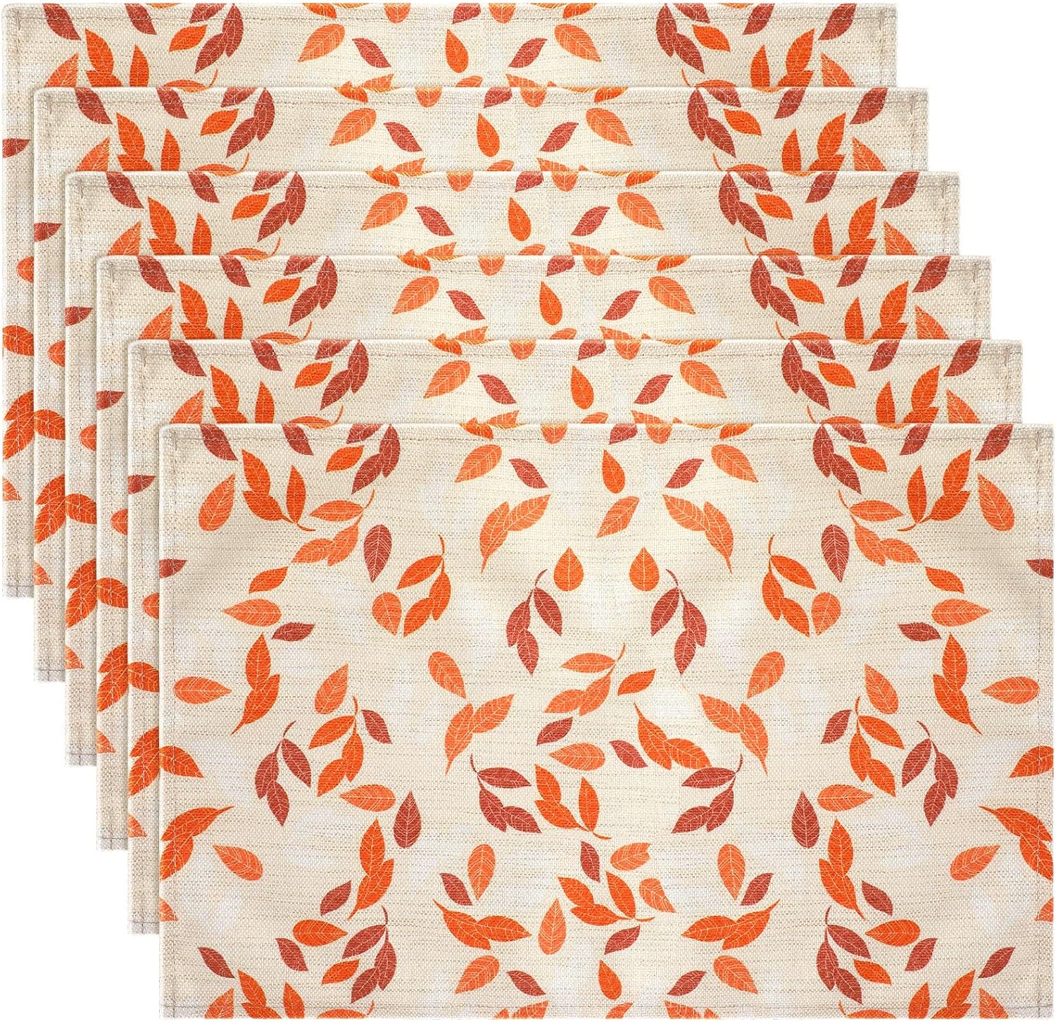 Funtery Fall Placemats Set of 6, 16.5 x 11.8 Inch Orange Autumn Placemats Burlap Leaves Placemats Thanksgiving Maple Harvest Vintage Table Mat for Party Dining Decoration Holiday