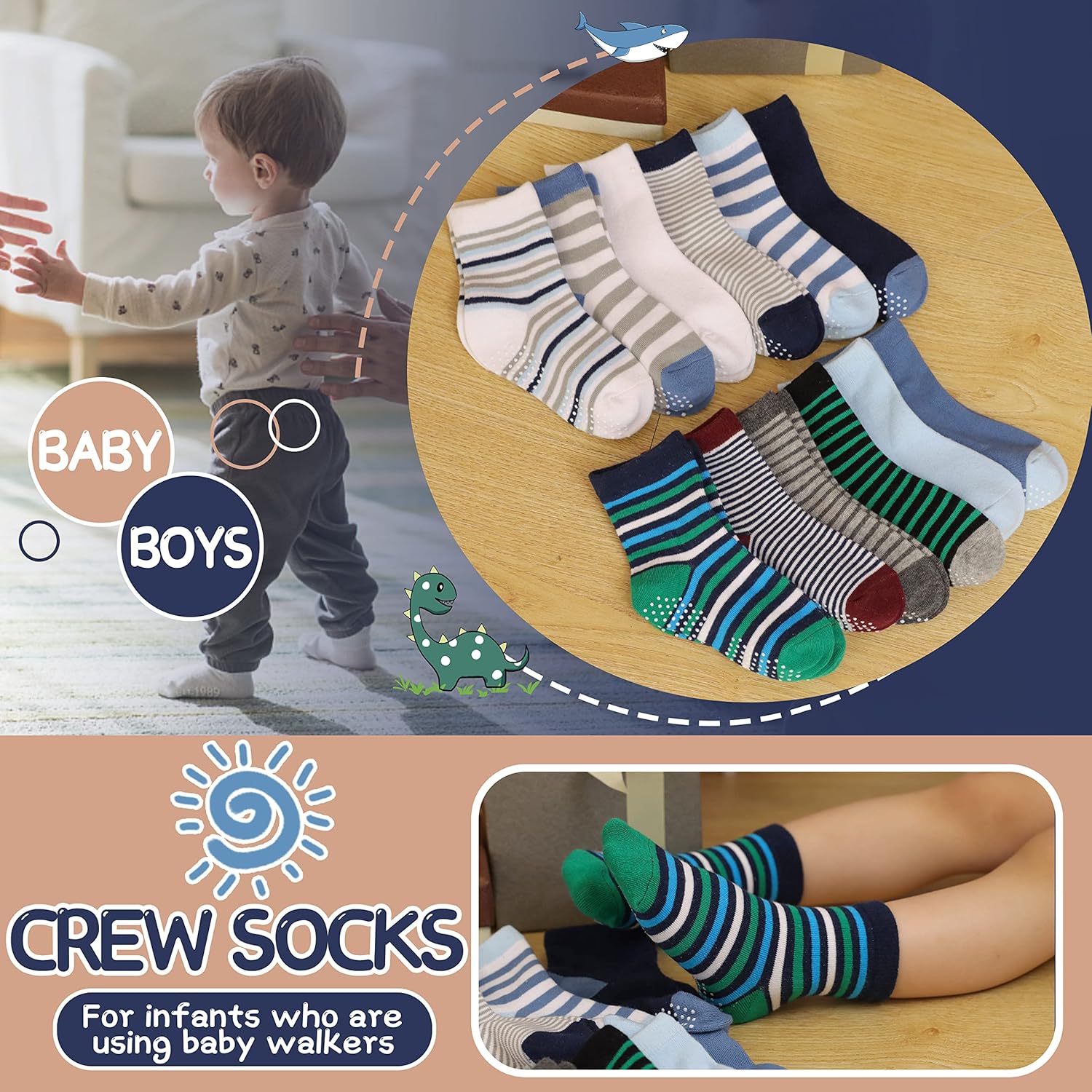 ANTSANG Baby Boys Grips Socks Kids Toddlers Infants Non Slip/Anti Skid Crew Cotton Socks - Image 4