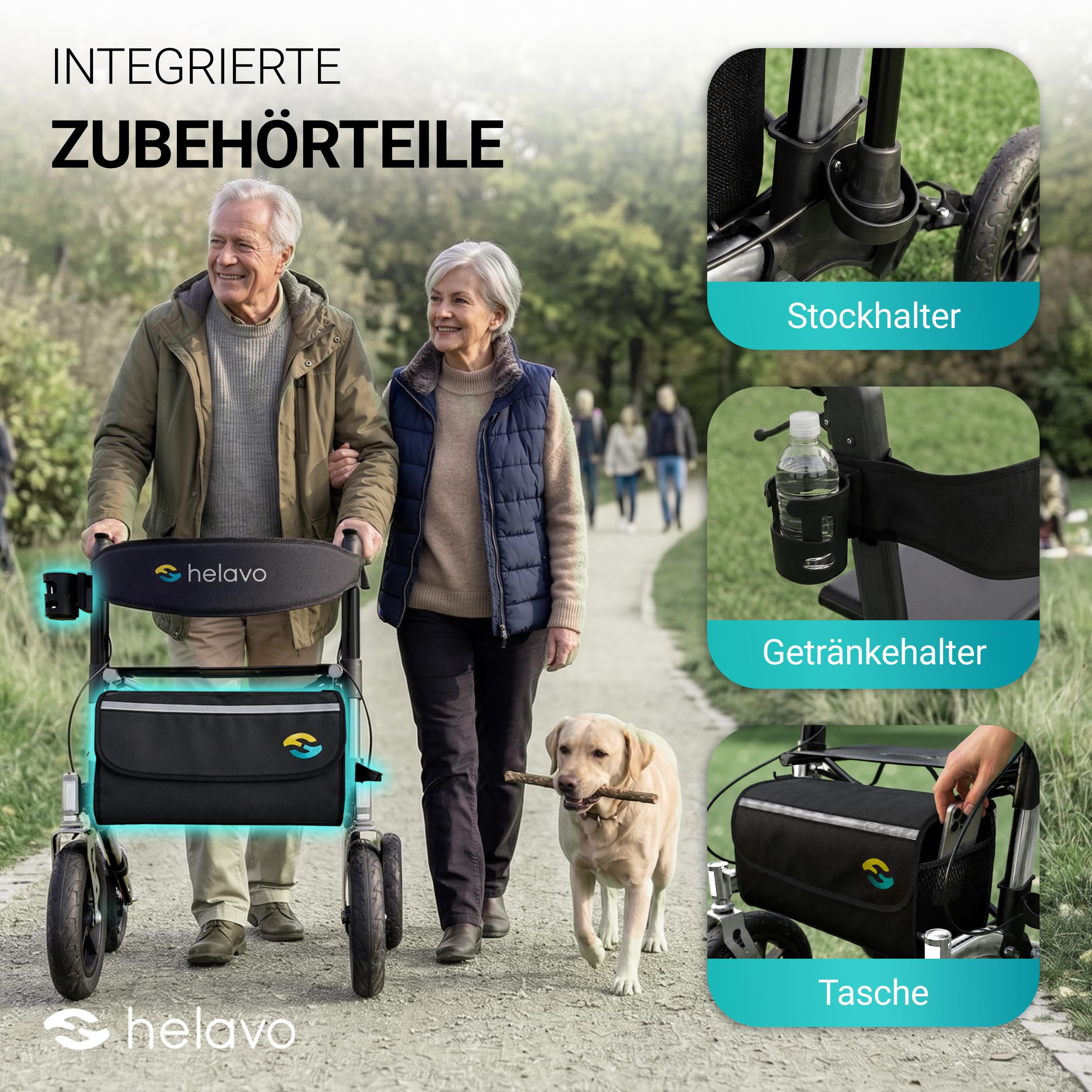 Helavo Rollator mit Pannensicheren Vollgummireifen für Draußen - Faltbarer Aluminium Outdoor-Rollator mit Sitz - Maximale Mobilität & Komfort im Außenbereich | 12" Vollgummibereifung für maximalen Komfort - Faltbarer Aluminium-Rollator für Draußen - Mit S