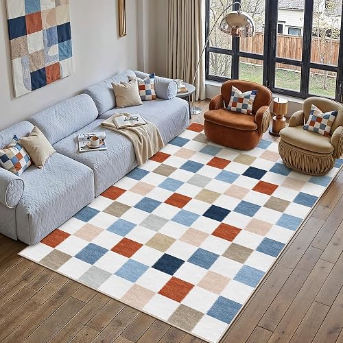 PureCozy Machine Washable 5x7 Area Rugs for Living Room Colorful Modern Soft Large Checkered Rug Non-Slip Low Pile Accent Indoor Office Carpet for Bedroom Dining Room Nursery Classroom