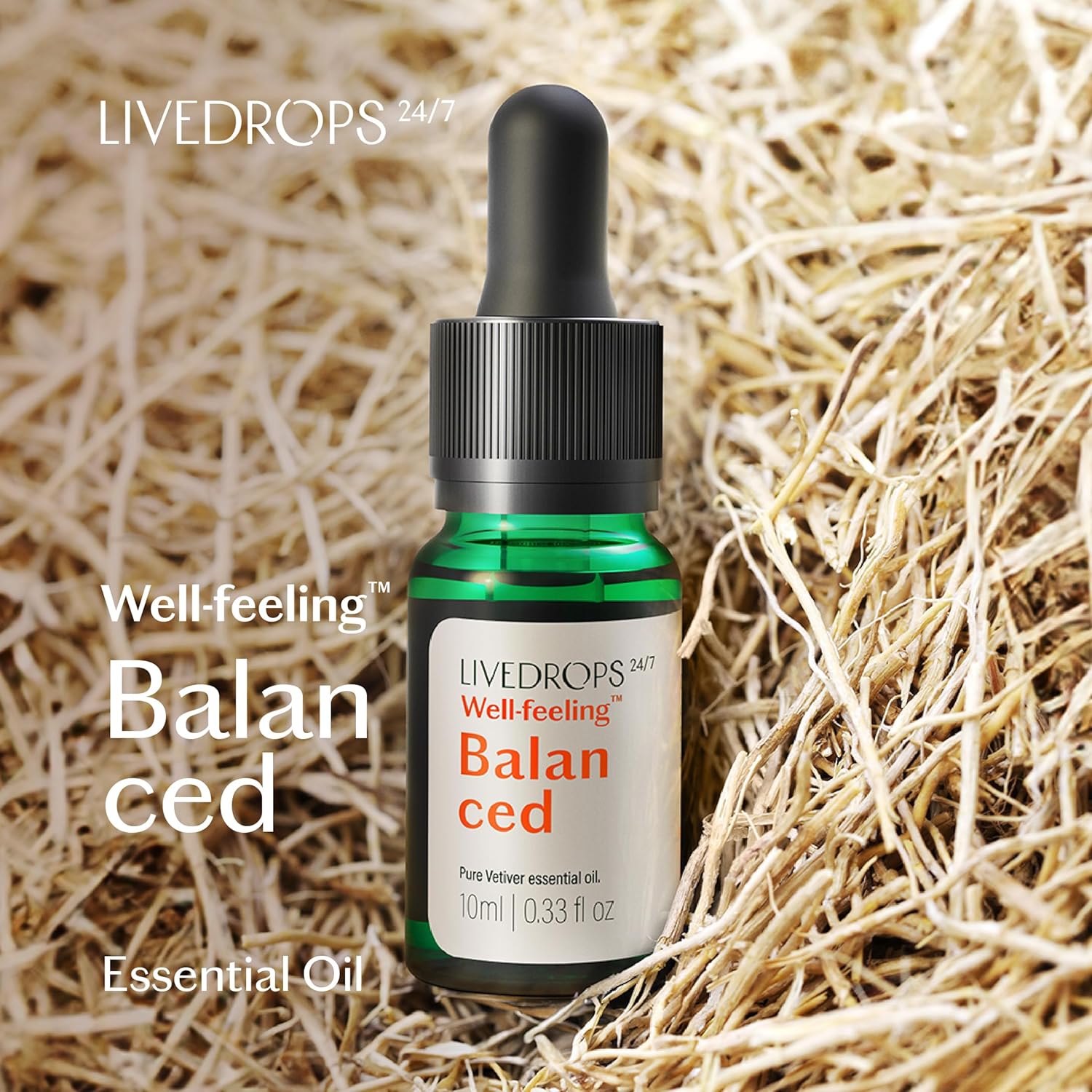 LIVEDROPS 24/7 Balanced Vetiver Essential Oil, Natural Vegan Aromatherapy for Diffuser or Diluted Skin Use, Earthy Woody Scent, Origin Haiti, Made in USA, Clinically Tested, 10ml