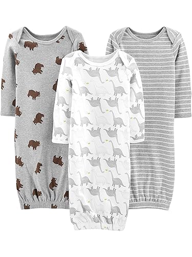 Simple Joys by Carter's unisex-baby 3-pack Neutral Cotton Sleeper Gown - Newborn - Bear/Dinosaur/Stripe