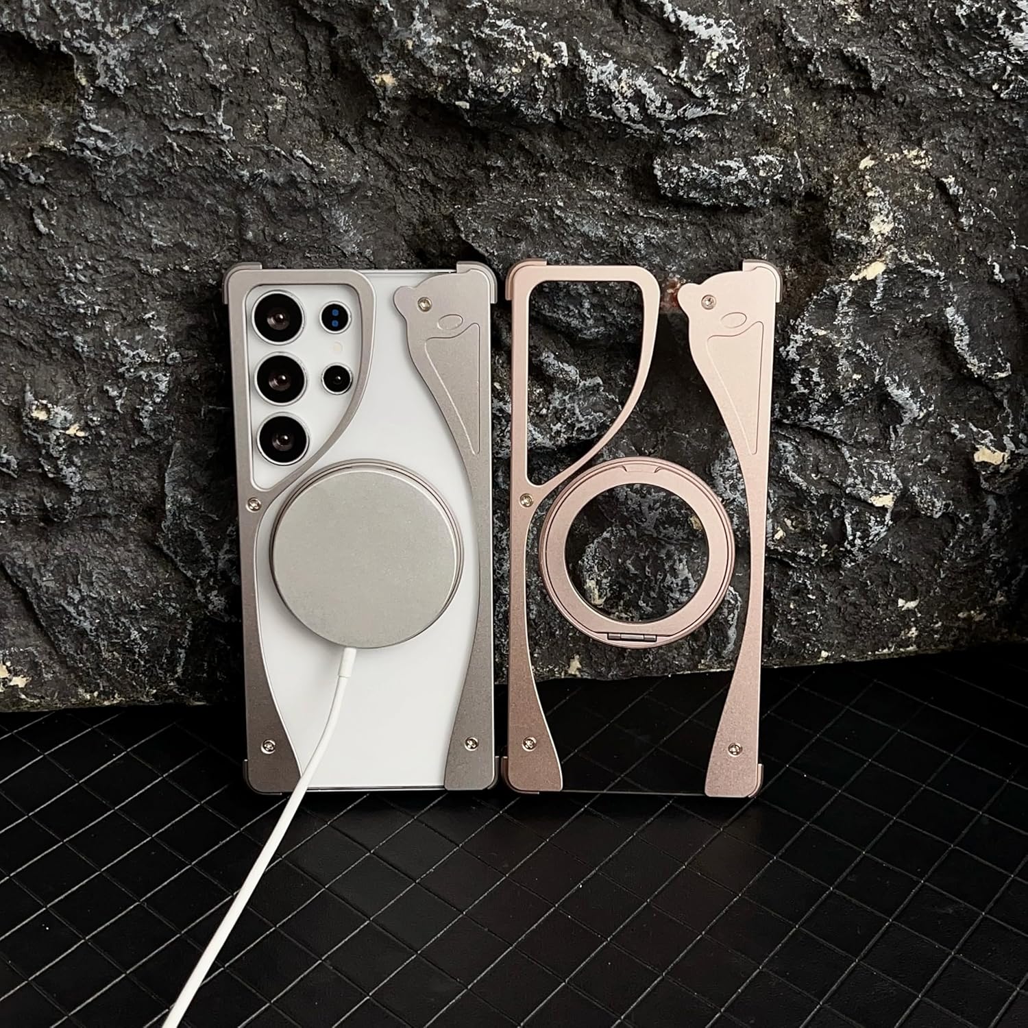 Metal Frameless Magnetic Series Case for Galaxy S25 Ultra,Compatible with Magsafe,Rotatable Holder Kickstand,Transparent Borderless Ultra Thin Slim Fit Shockproof Drop Protection,Silver