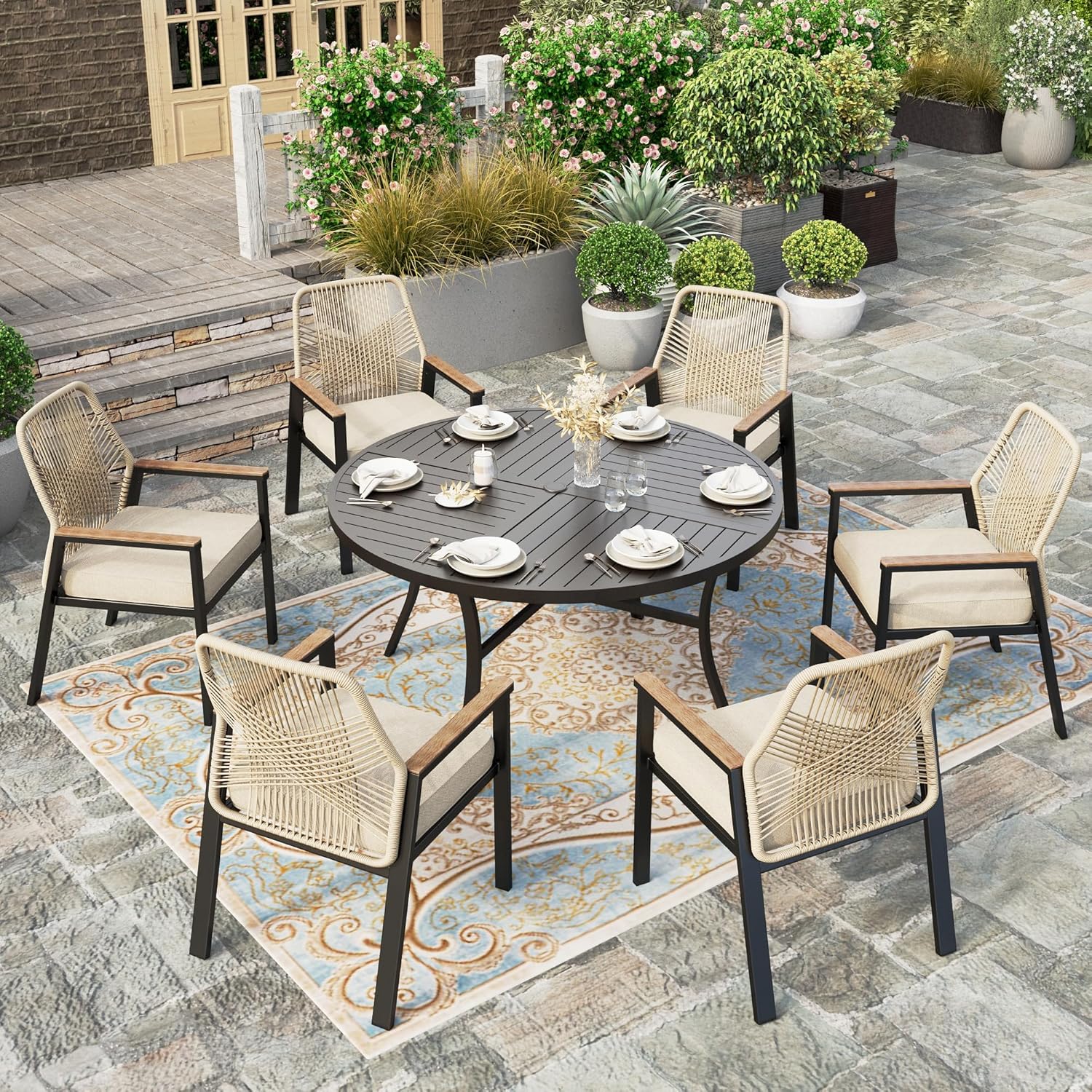 HERA'S HOUSE 7 Pieces Patio Table and Chairs Set, Outdoor Dining Set for 7, 6 x Cushioned Woven Rattan Chairs and 54” Round Metal Table with Umbrella Hole for Lawn Deck Yard