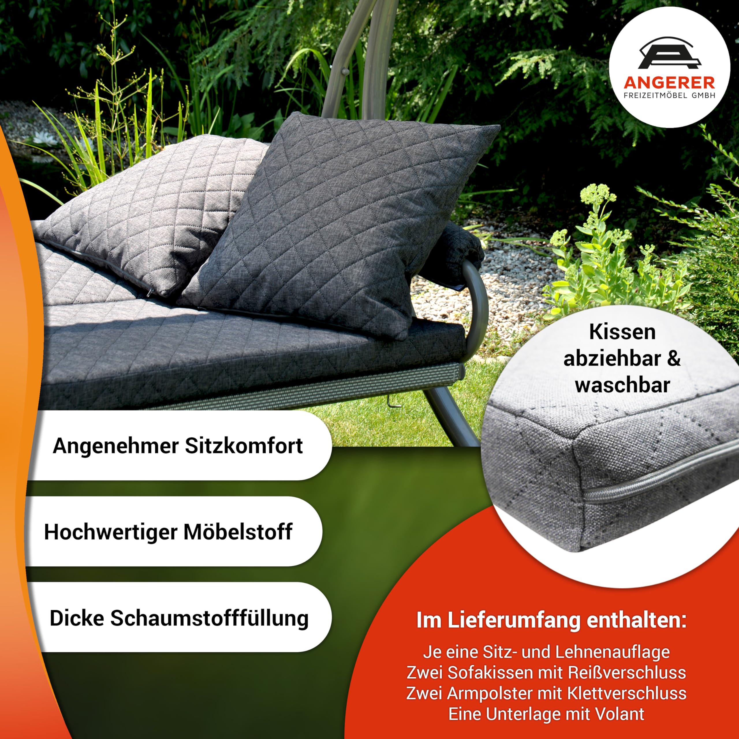 ANGERER Hollywoodschaukel Trend Joy hellgrau | Gartenschaukel Made in Germany, Schaukel zum Sitzen, Liegen und Entspannen, inklusive Bett-Funktion, einfache Montage