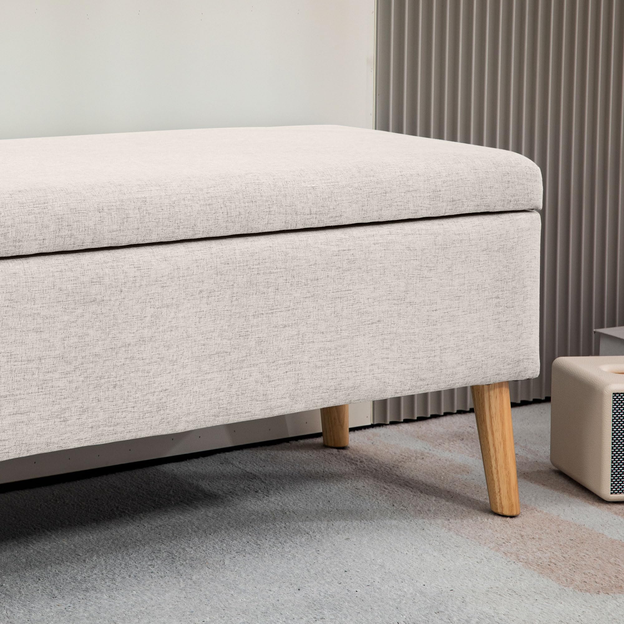 HOMCOM Banc Coffre Rangement Rembourré 110 x 39 x 45 cm Beige | Banc de Lit, Aspect Lin, pour Chambre à Coucher, Salon, Entrée, Charge 220 Kg