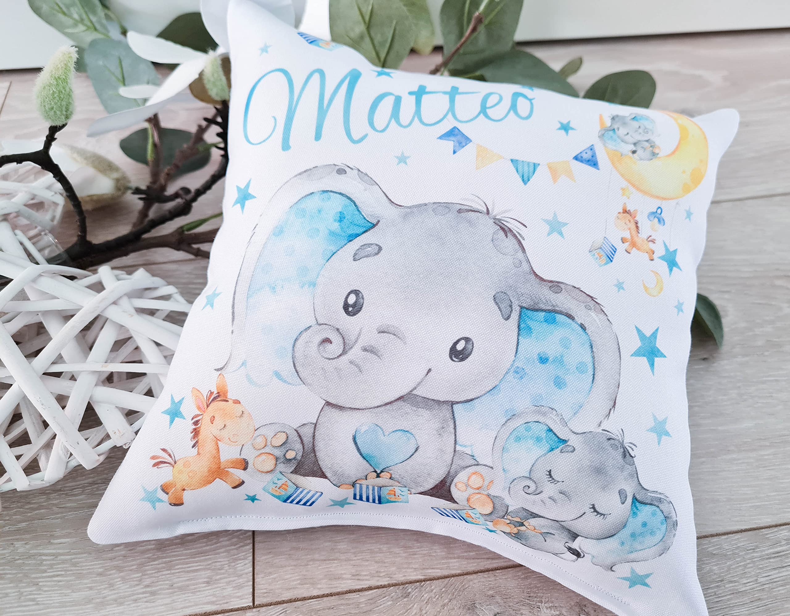 Windeltorte mit Name - Kuschelkissen Elefant Junge I Geschenk, Babyparty, Geburt + auf Wunsch, gratis Grußkärtchen
