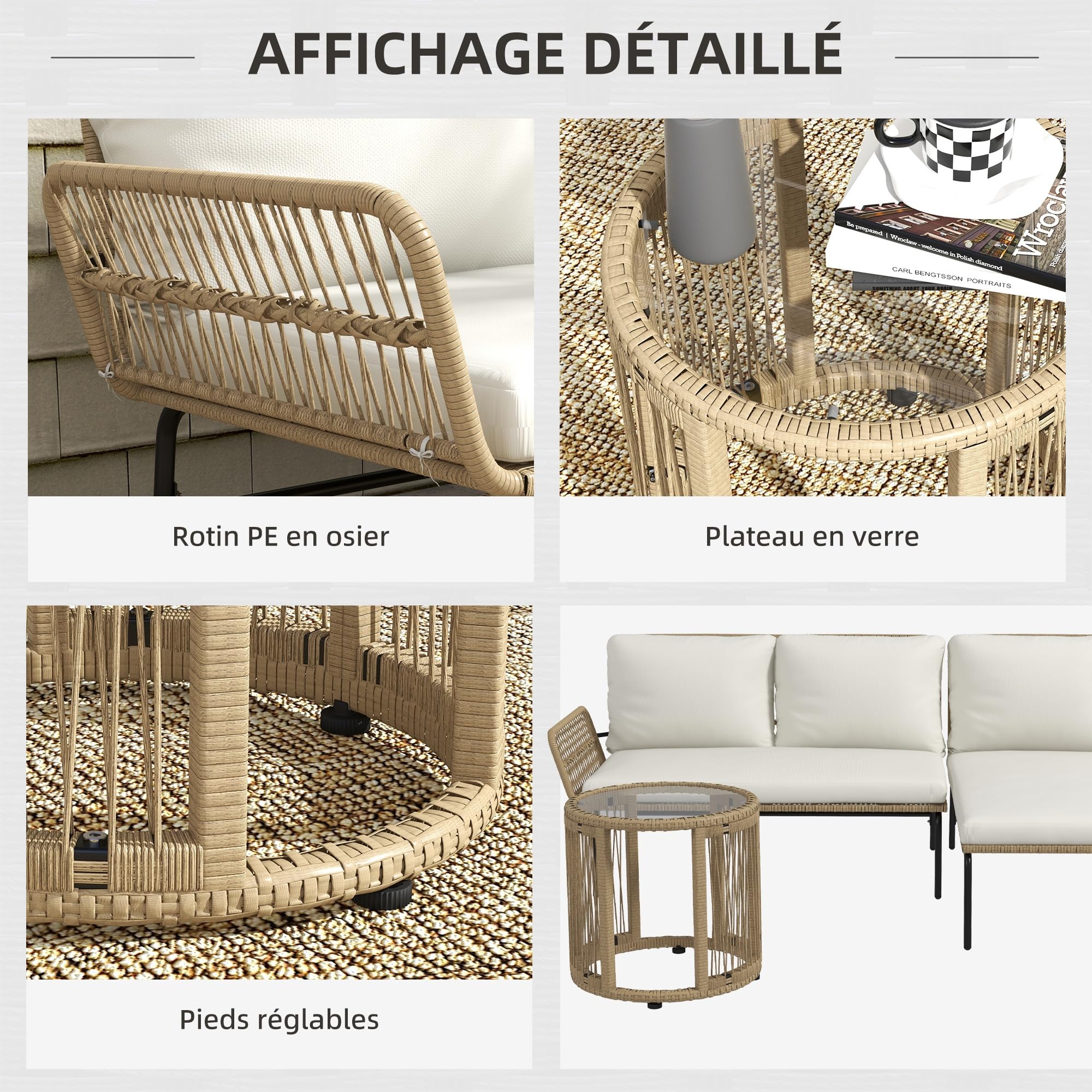 Outsunny Salon de Jardin Extérieur d'angle 3 Places Modulable Patio Crème | Résine Tressée, Canapés, Chaise Longue, Table Basse en Verre, Coussins, Mobilier de Jardin, Terrasse