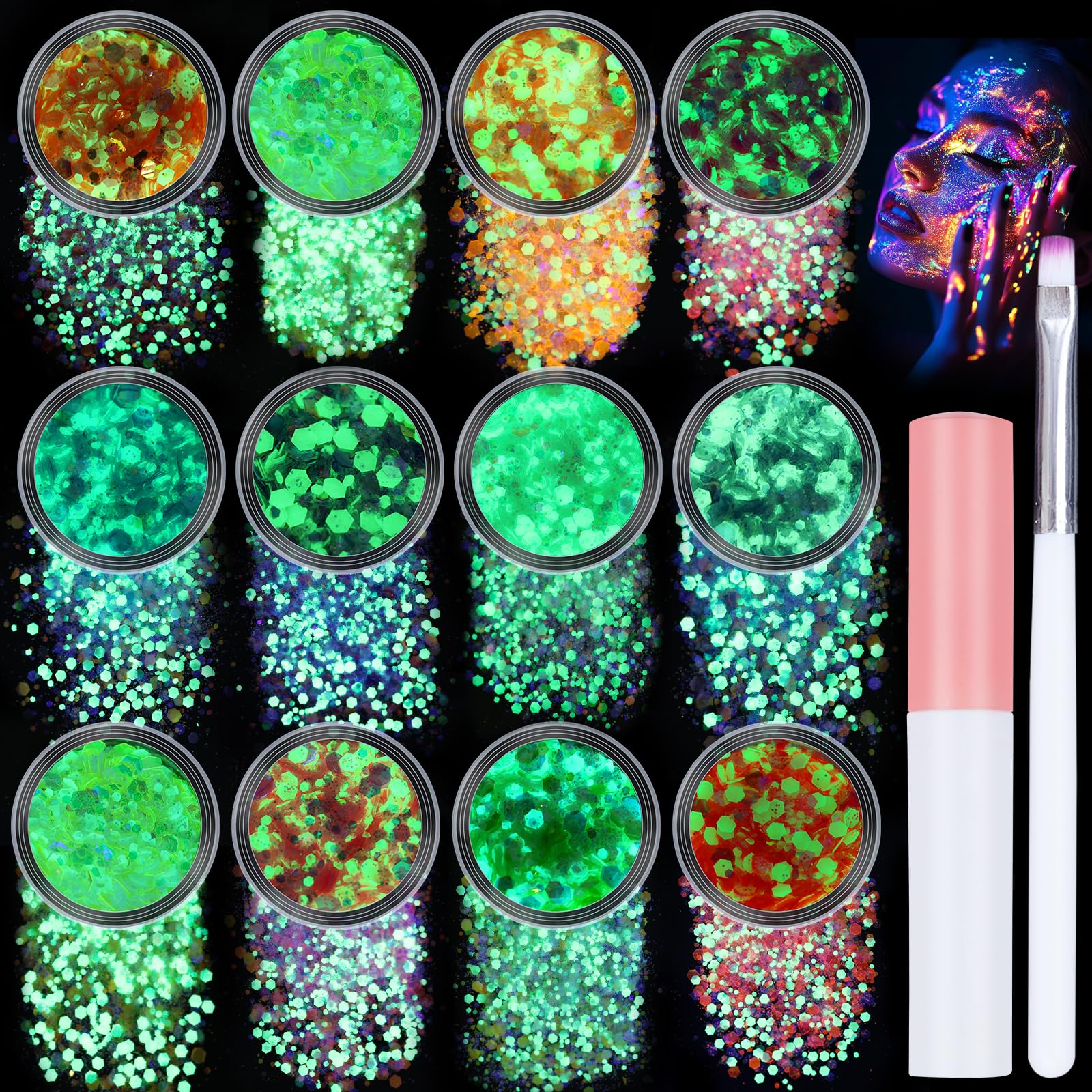 editTime Shiny 12 Colors 3D Color Gradient Holographic Laser Mermaid Chameleon Flakes Nail Art Sequins Glitter Powder Accessories with Quick Dry Makeup Glue and Nail Pen Brushes (Night Glow 12pcs)