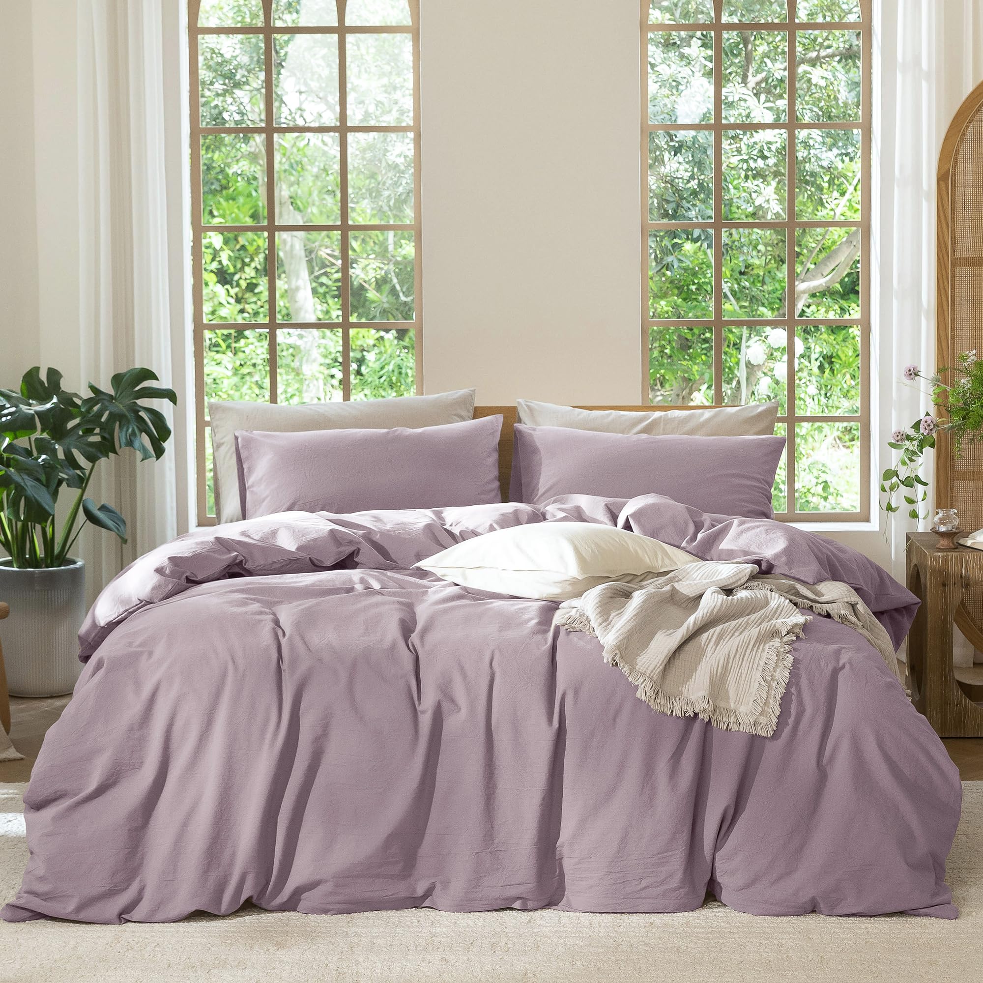 MooMee Bedding Duvet Cover Set 100% Washed Cotton Linen Like Textured Breathable Durable Soft Comfy (Solid Taro Purple, King 104"x90")