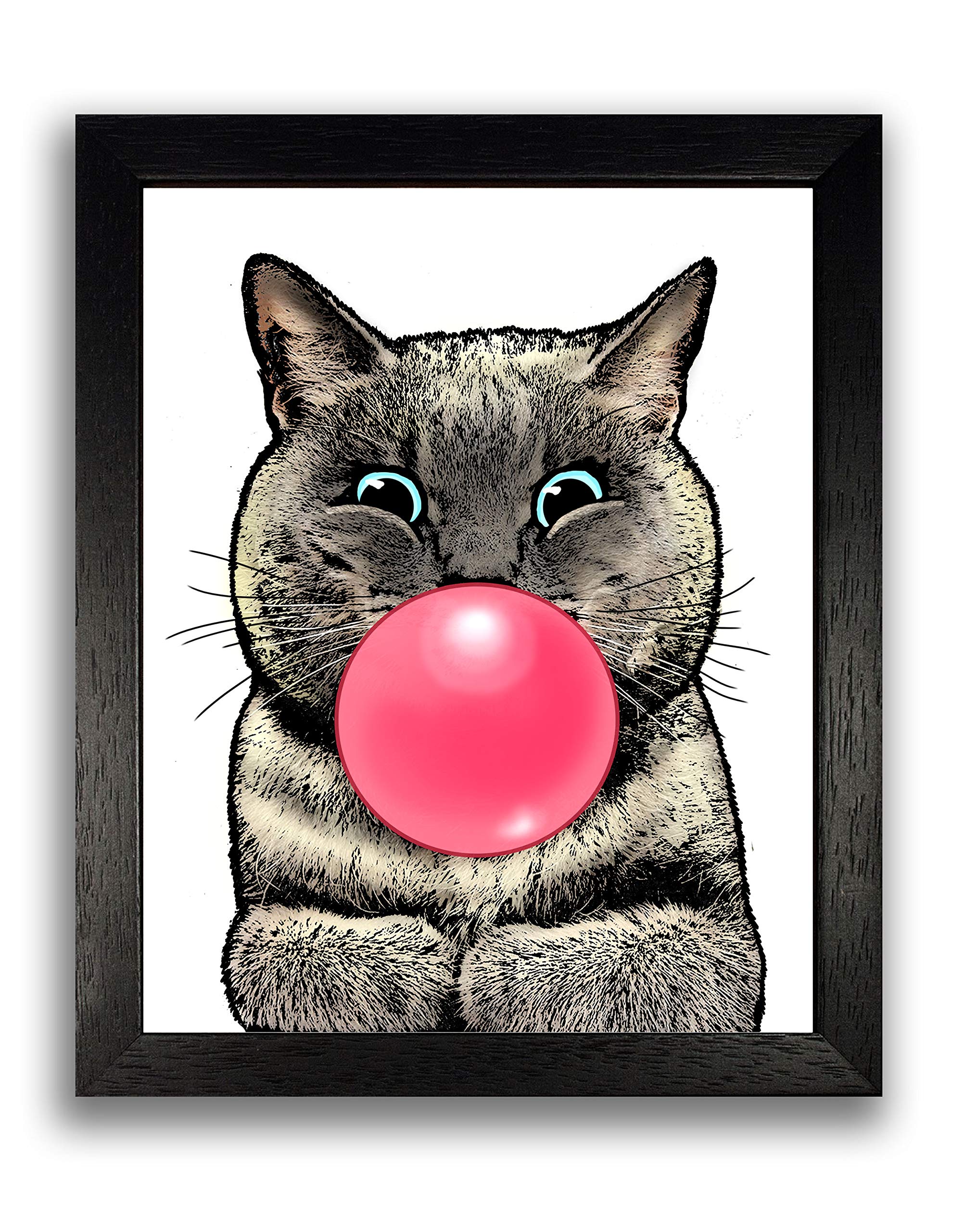 Buy Bubblegum Cat Art Print, Grey Cat blowing Pink Bubble Poster, 8 x