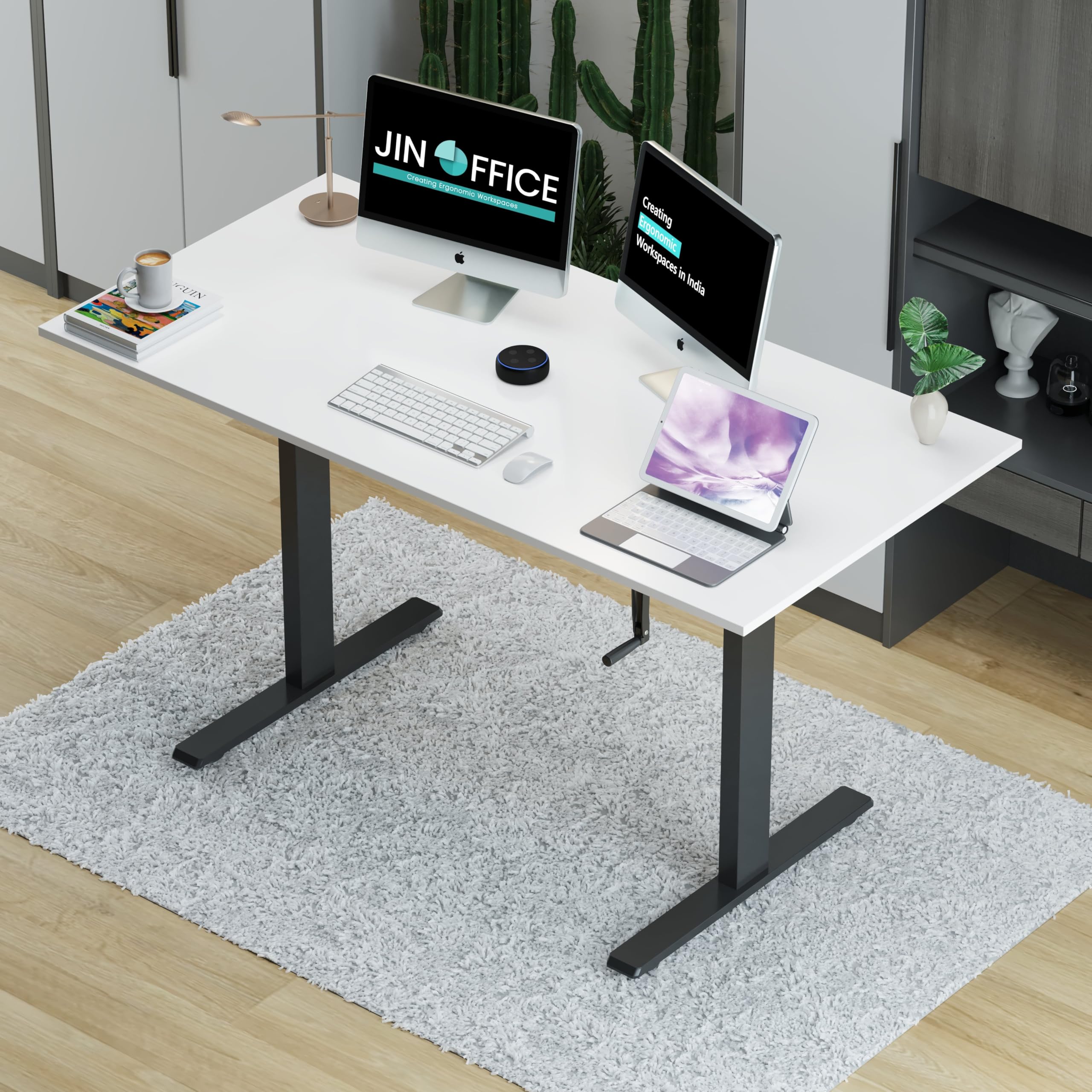 Jin Office Vertex Manual Height Adjustable Standing Desk| Hand Crank Height Adjustable Table| Sit Stand Desk| Ergonomic Table, 3 Year Warranty,80 Kg Wt. Cap| Black & White| 1200*750mm/ 25MM Thick Top