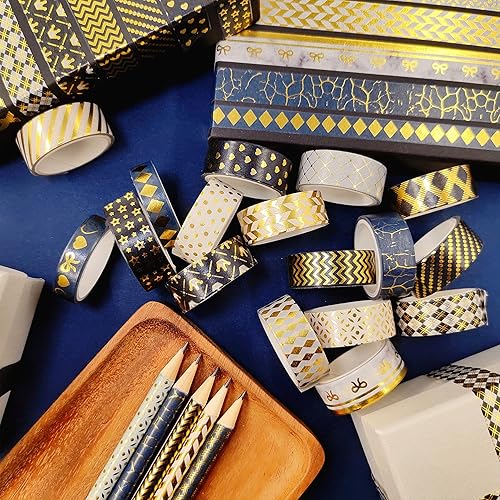 Miniatura 5 de YUBBAEX Juego de 18 rollos de cinta washi con patrones básicos de papel de aluminio, cintas decorativas para artes, manualidades, diarios de