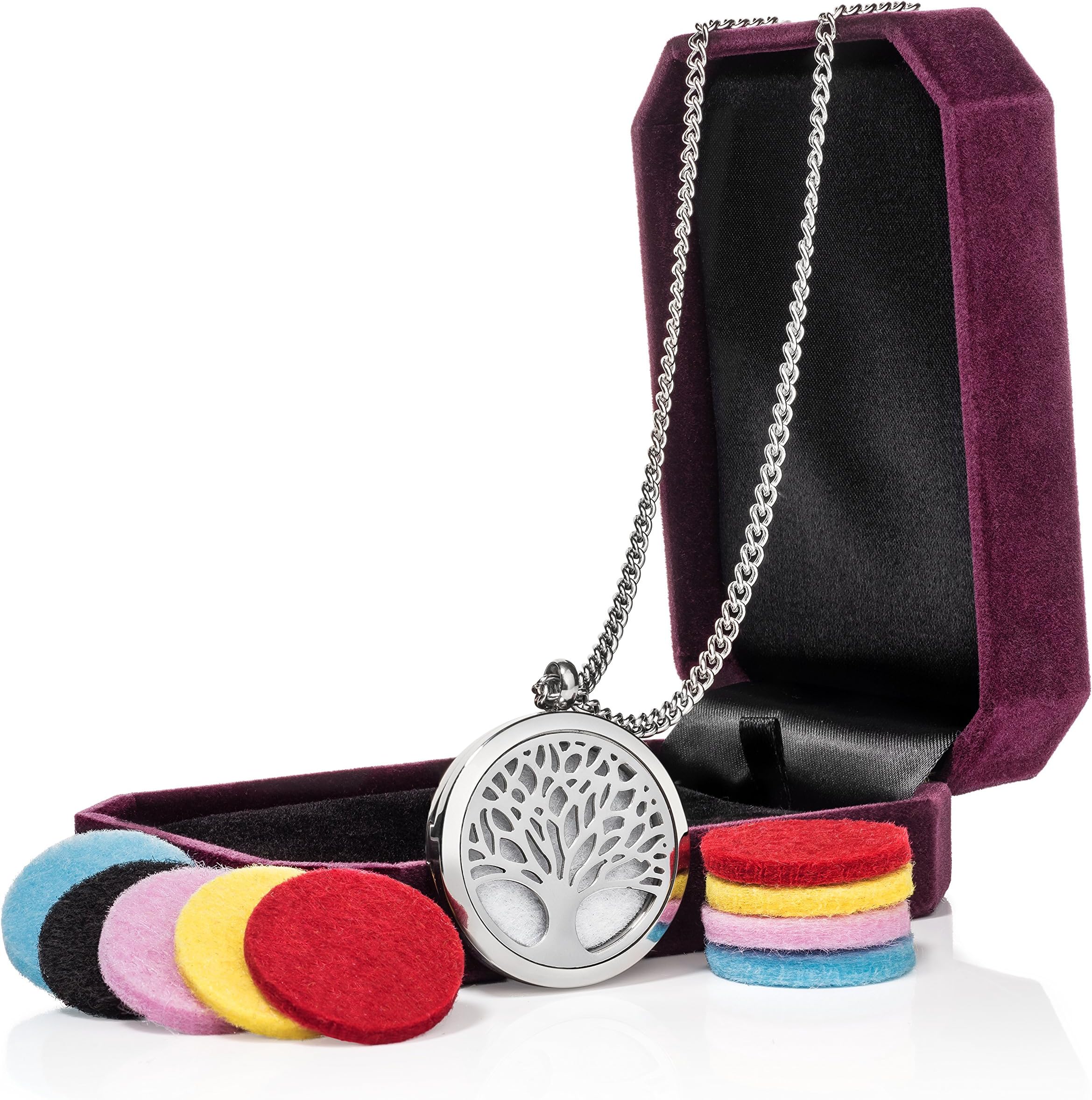 Aromatherapy Essential Oil Diffuser Necklace Pendant Locket Jewelry | 24’’ Adjustable Chain Stainless Steel Perfume Necklace | 10 Refill Pads | Gift Box