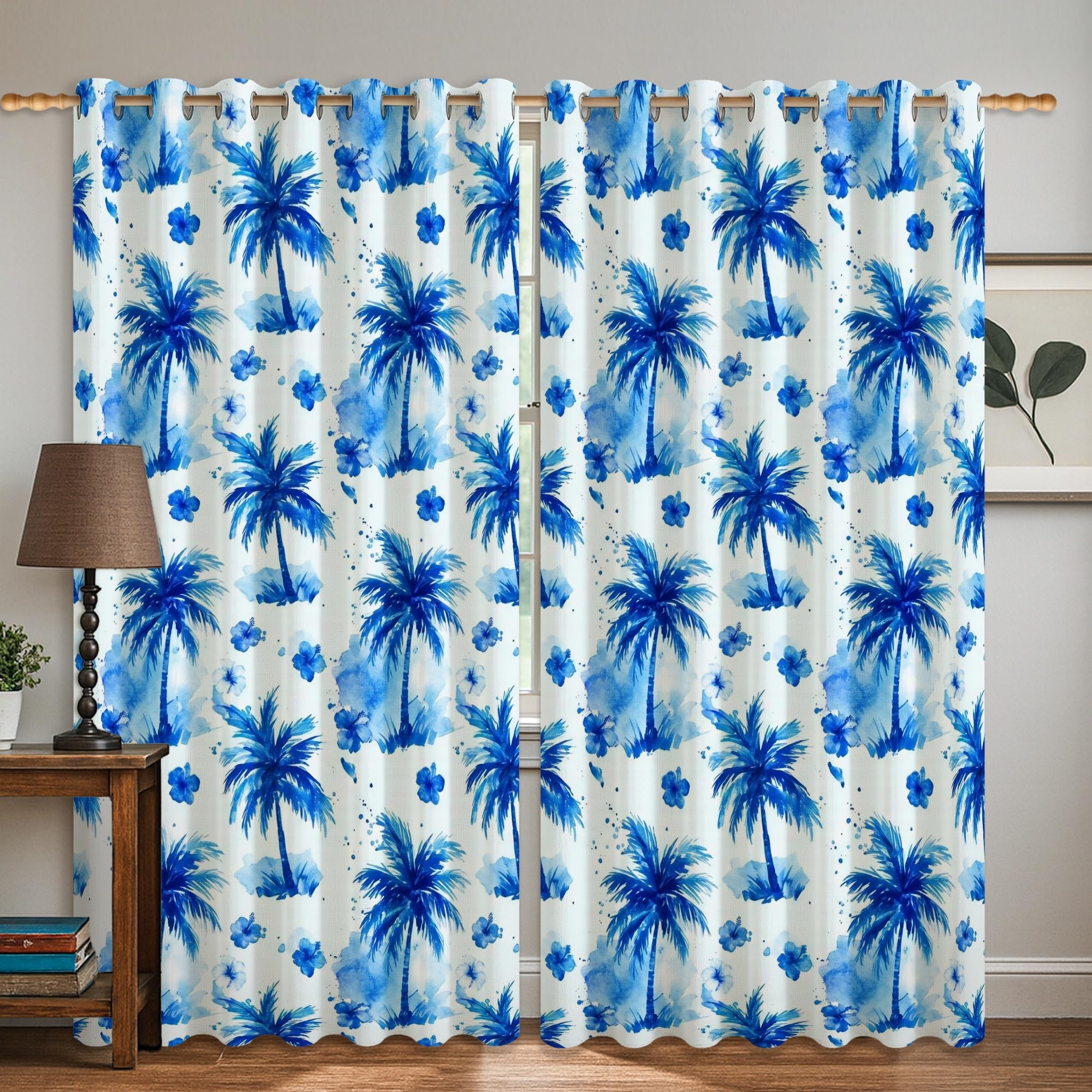 Rideaux occultants palmier bleu 132x183 cm pour grand salon lumineux